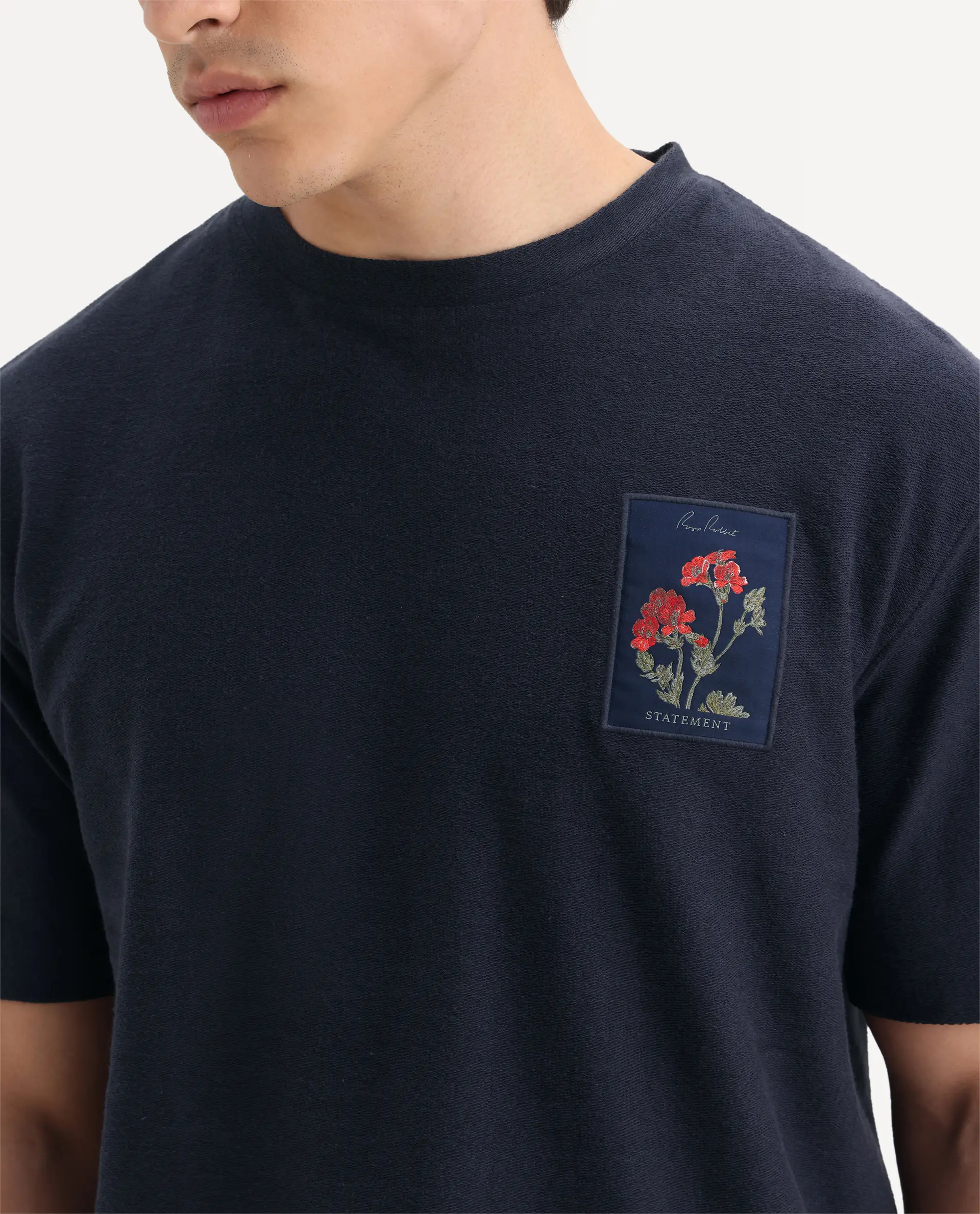 Rare Rabbit Men's Loopet Navy Cotton Embroidered Oversized Fit Half Sleeve Crew Neck T-Shirt - Image 3