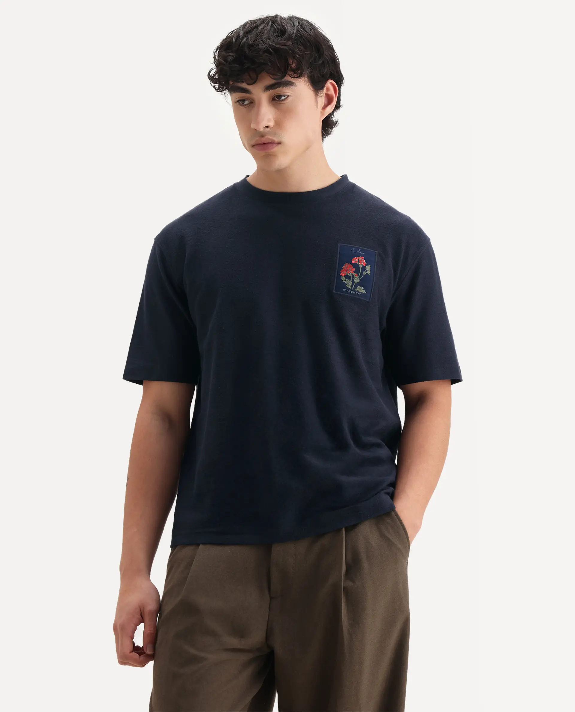 Rare Rabbit Men's Loopet Navy Cotton Embroidered Oversized Fit Half Sleeve Crew Neck T-Shirt - Image 4