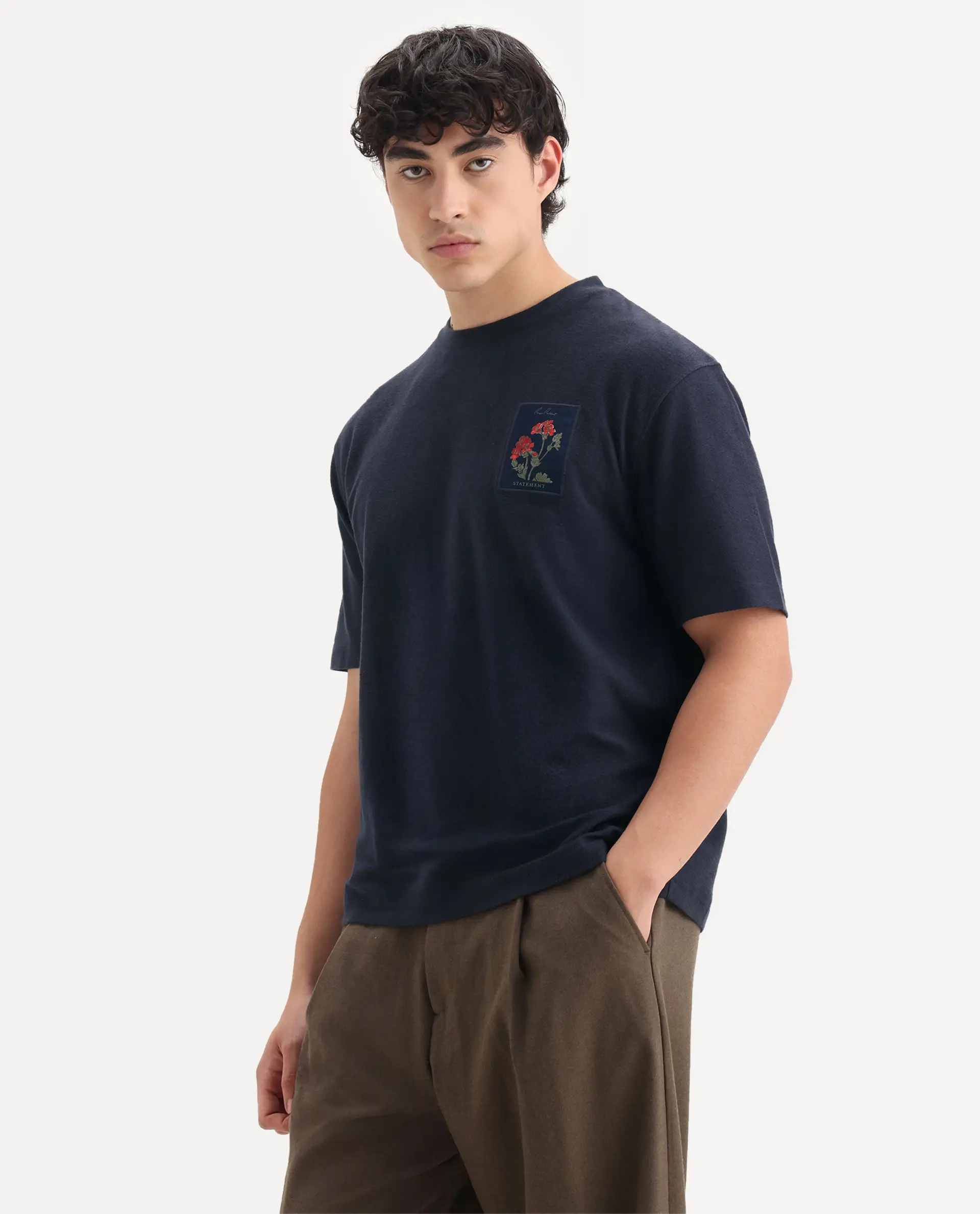 Rare Rabbit Men's Loopet Navy Cotton Embroidered Oversized Fit Half Sleeve Crew Neck T-Shirt - Image 5