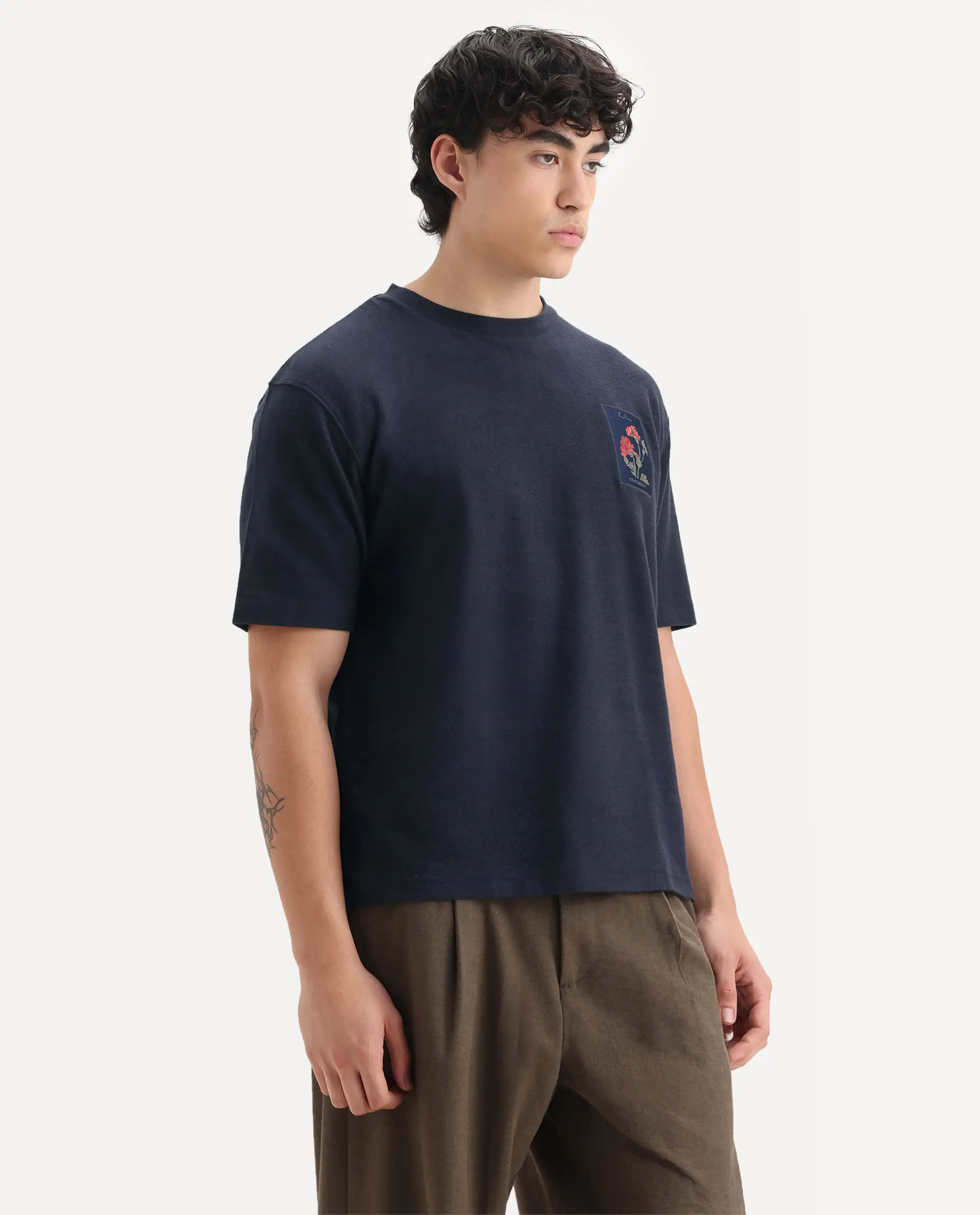 Rare Rabbit Men's Loopet Navy Cotton Embroidered Oversized Fit Half Sleeve Crew Neck T-Shirt - Image 6
