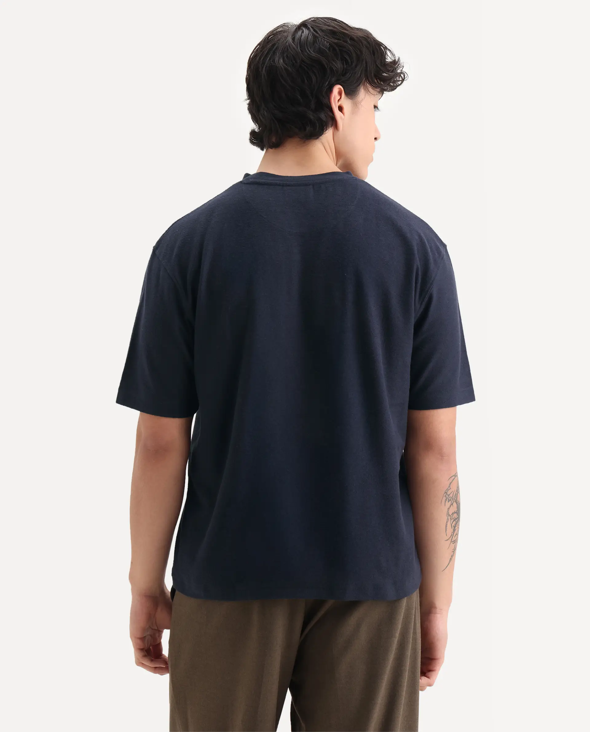 Rare Rabbit Men's Loopet Navy Cotton Embroidered Oversized Fit Half Sleeve Crew Neck T-Shirt - Image 7