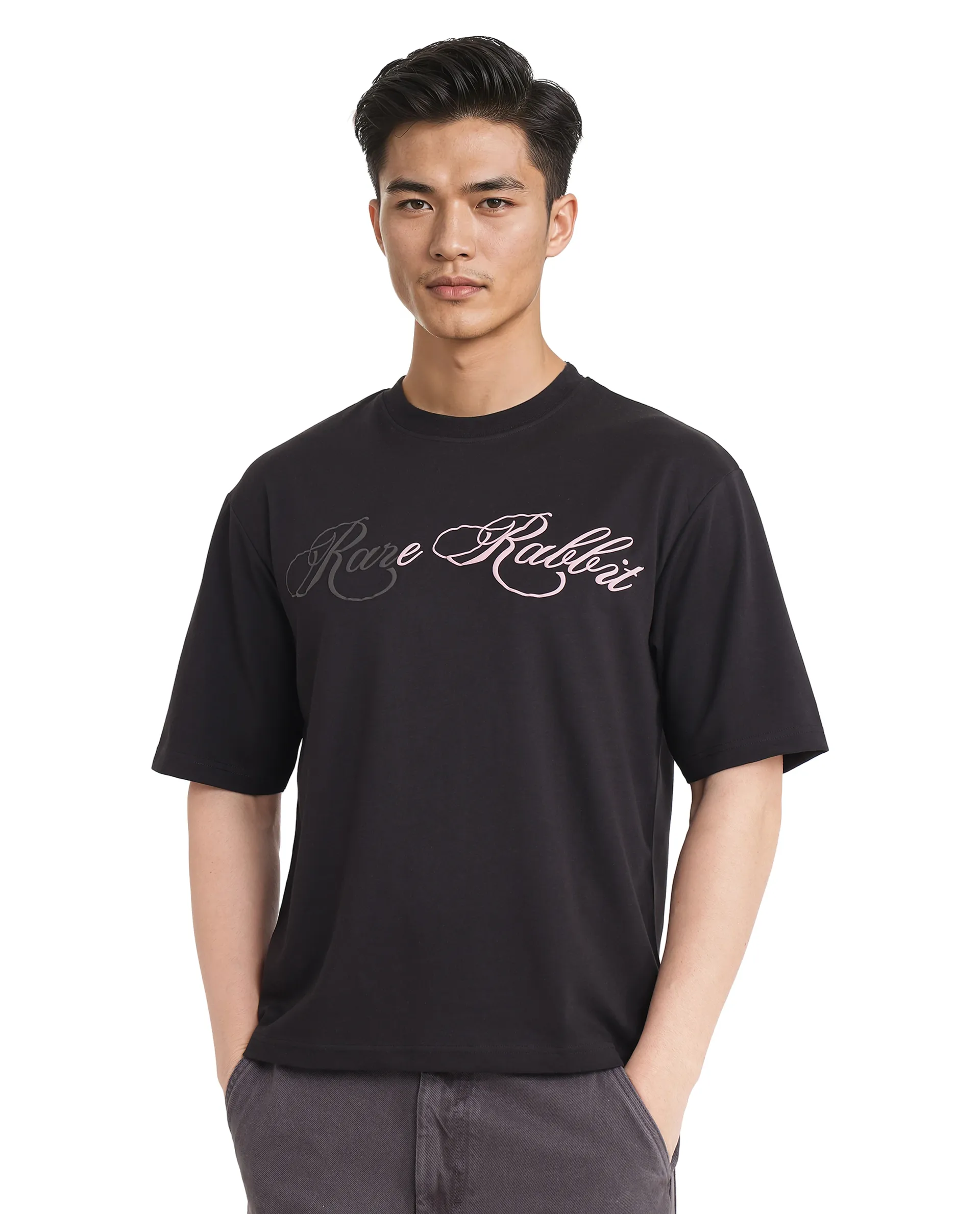 Rare Rabbit Men's Lop Black Cotton Graphic Print Boxy Fit Half Sleeve Crew Neck T-Shirt - Image 4