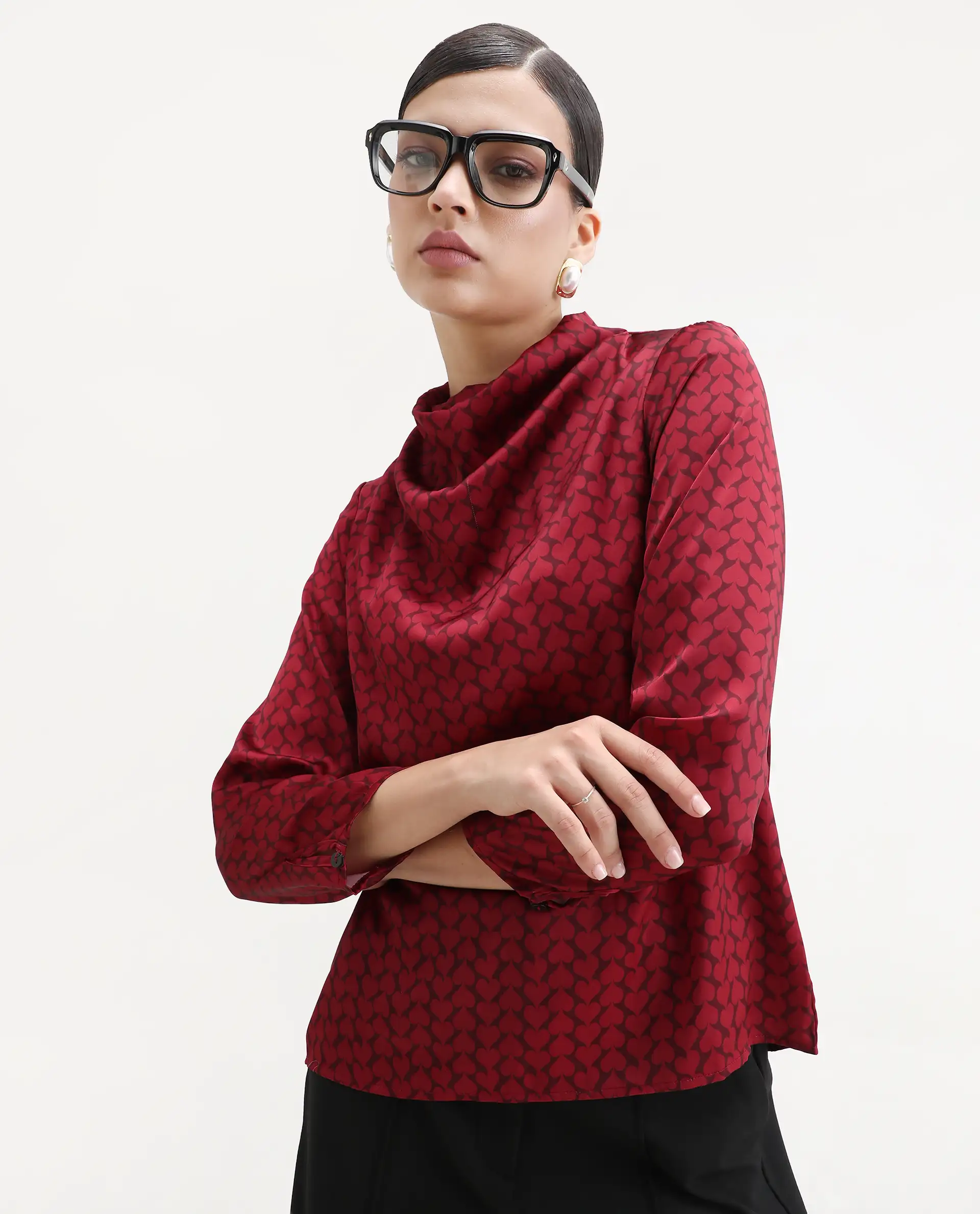 Rareism Women's Lop Maroon Satin High Neck Monogram Print Regular Fit Top - Image 2