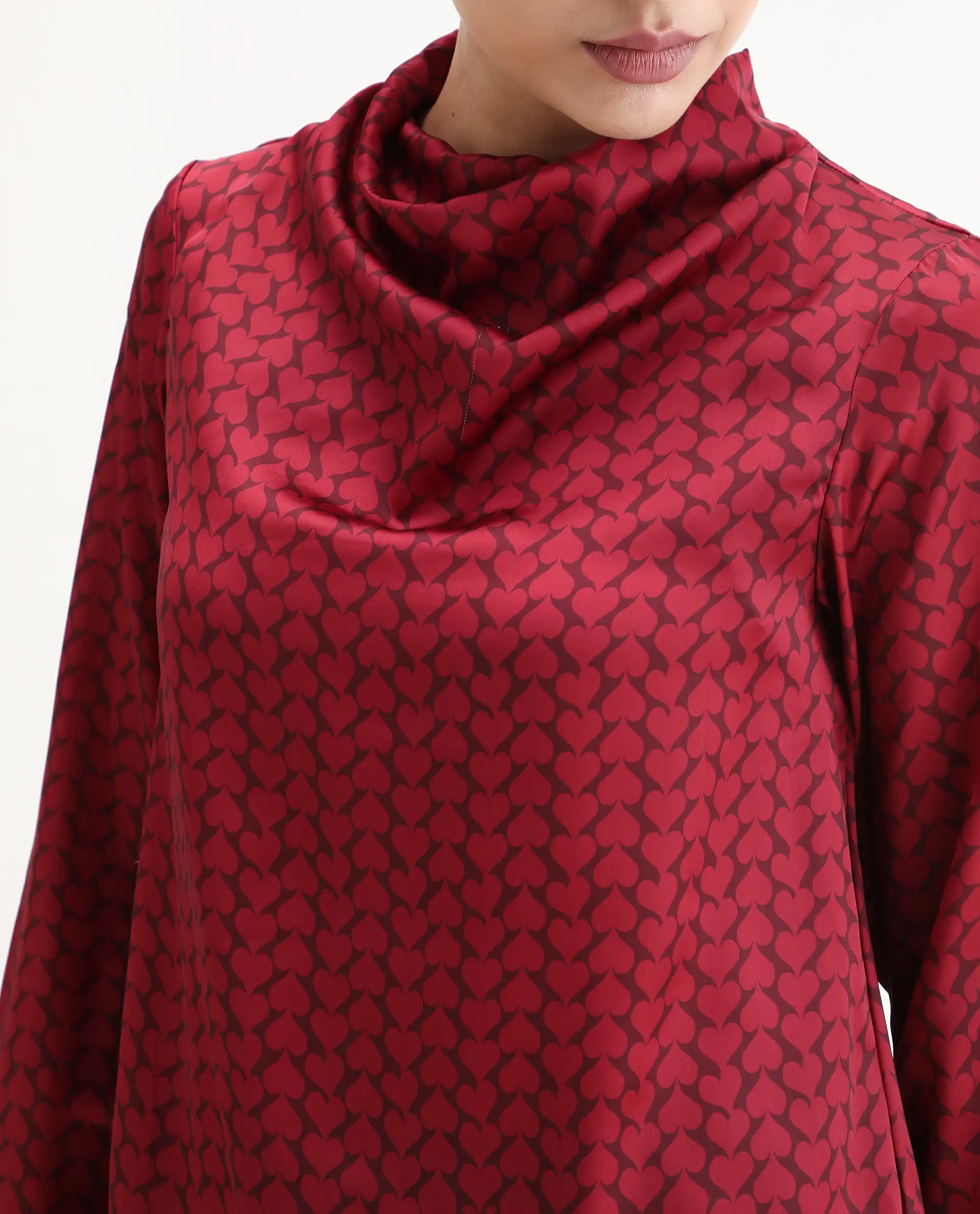 Rareism Women's Lop Maroon Satin High Neck Monogram Print Regular Fit Top - Image 3