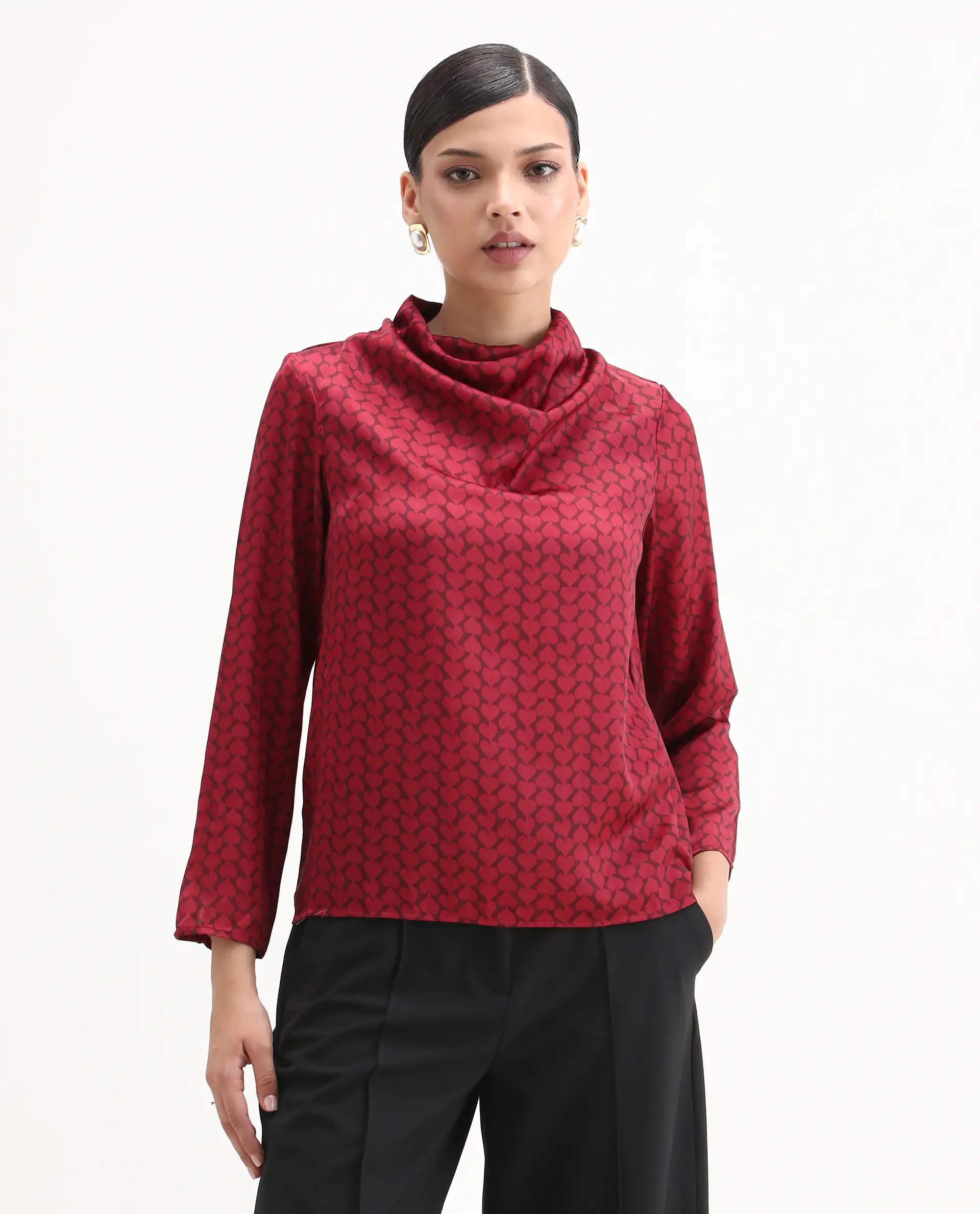Rareism Women's Lop Maroon Satin High Neck Monogram Print Regular Fit Top - Image 4
