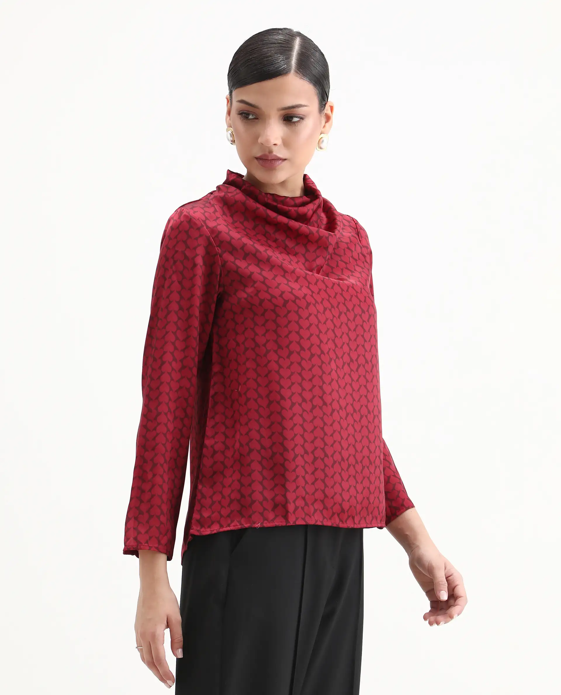 Rareism Women's Lop Maroon Satin High Neck Monogram Print Regular Fit Top - Image 5