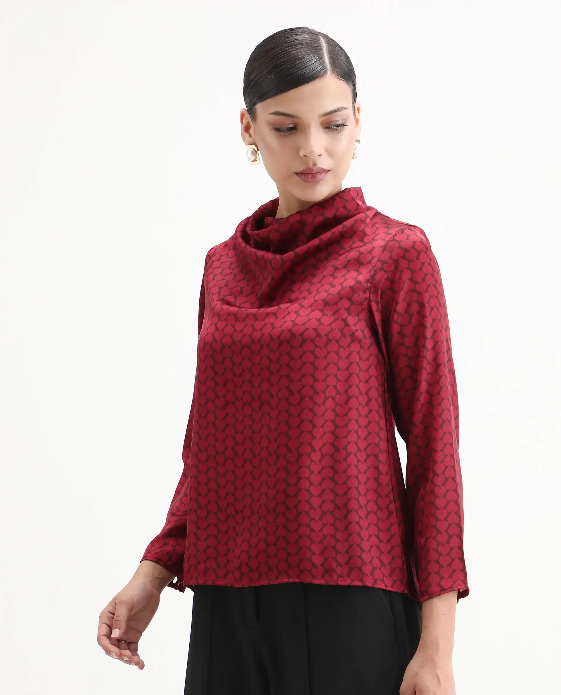 Rareism Women's Lop Maroon Satin High Neck Monogram Print Regular Fit Top - Image 6