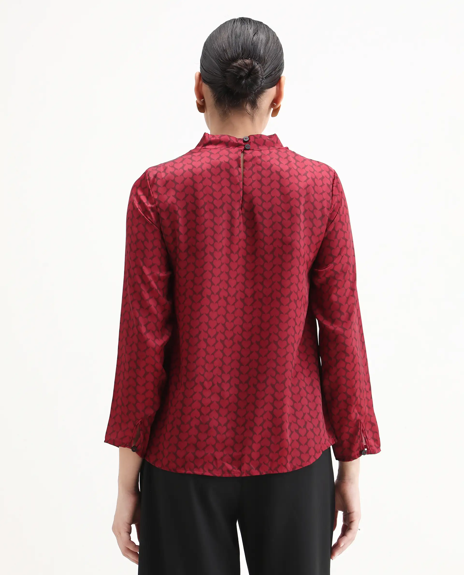 Rareism Women's Lop Maroon Satin High Neck Monogram Print Regular Fit Top - Image 7