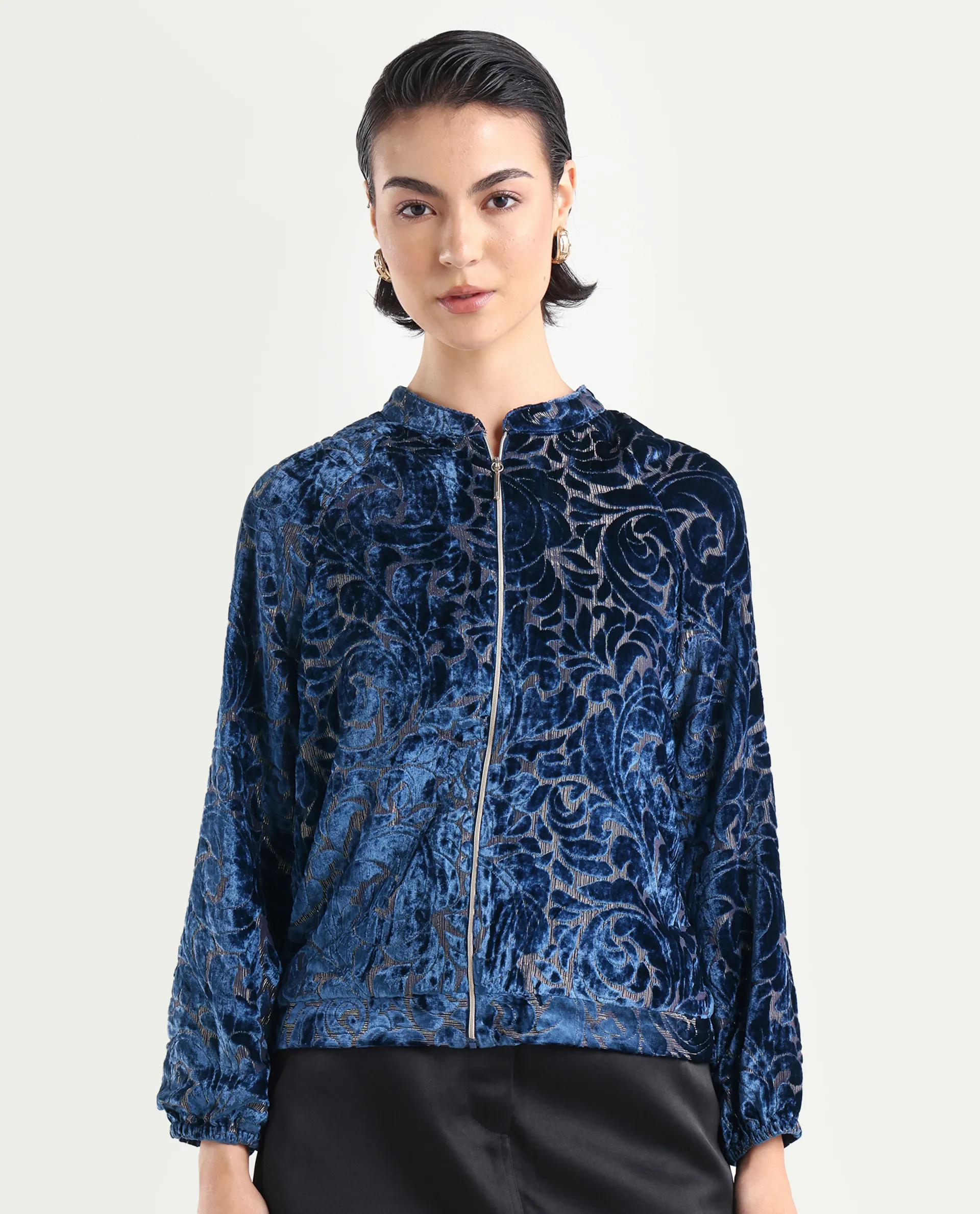 Rareism Women's Lopper Purple Velvet Mandarin Collar Abstract Print Raglan Sleeve Regular Fit Jacket - Image 3