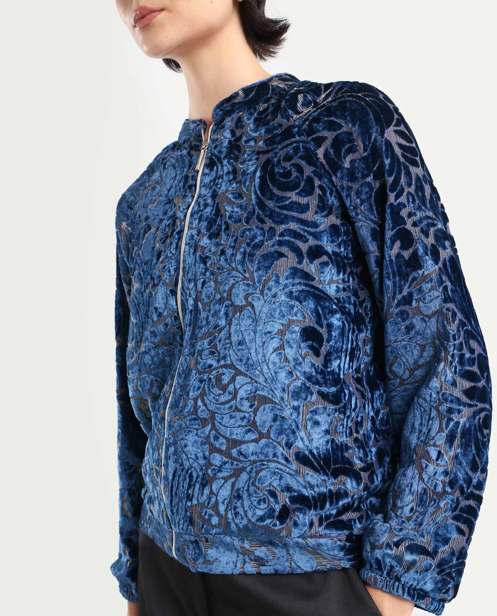 Rareism Women's Lopper Purple Velvet Mandarin Collar Abstract Print Raglan Sleeve Regular Fit Jacket - Image 4