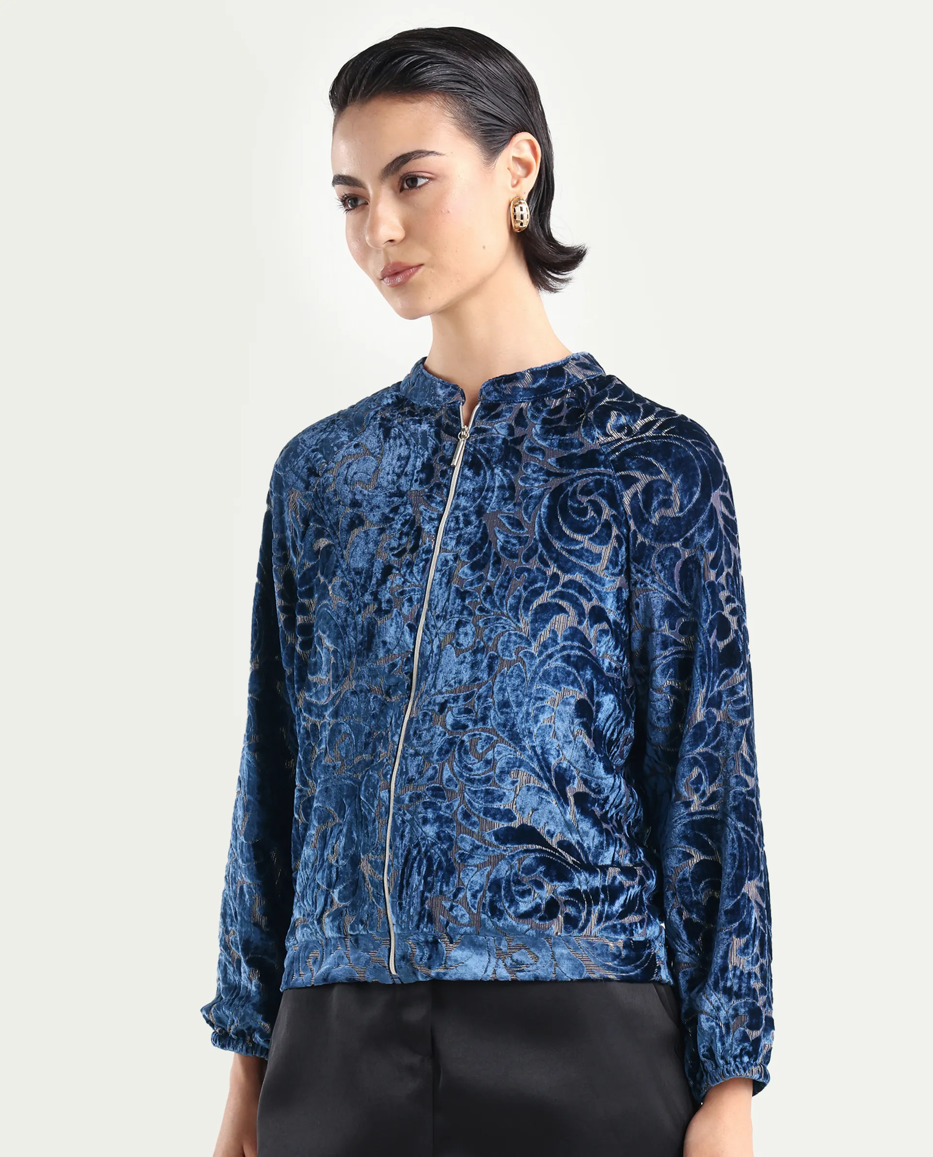 Rareism Women's Lopper Purple Velvet Mandarin Collar Abstract Print Raglan Sleeve Regular Fit Jacket - Image 5