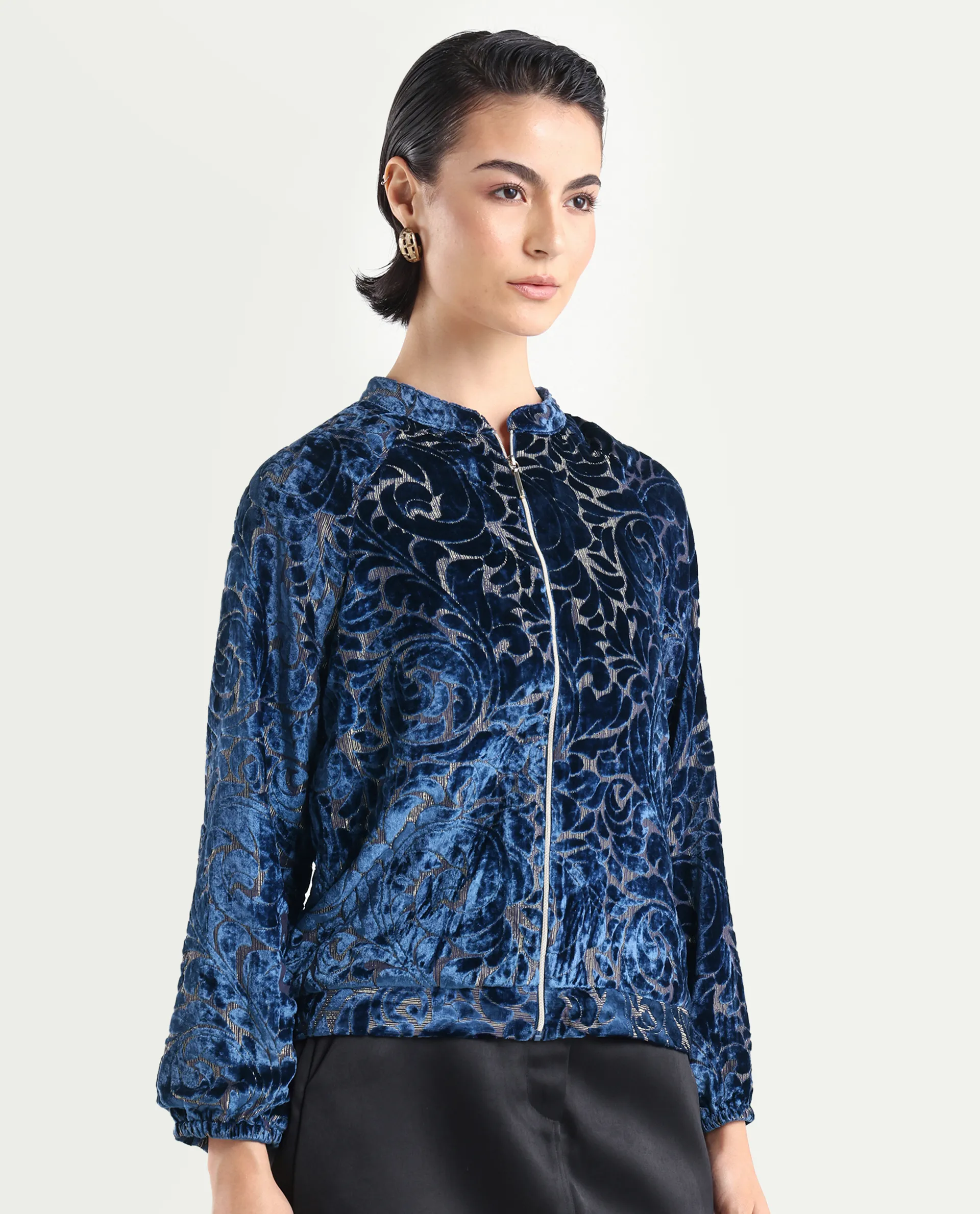 Rareism Women's Lopper Purple Velvet Mandarin Collar Abstract Print Raglan Sleeve Regular Fit Jacket - Image 6