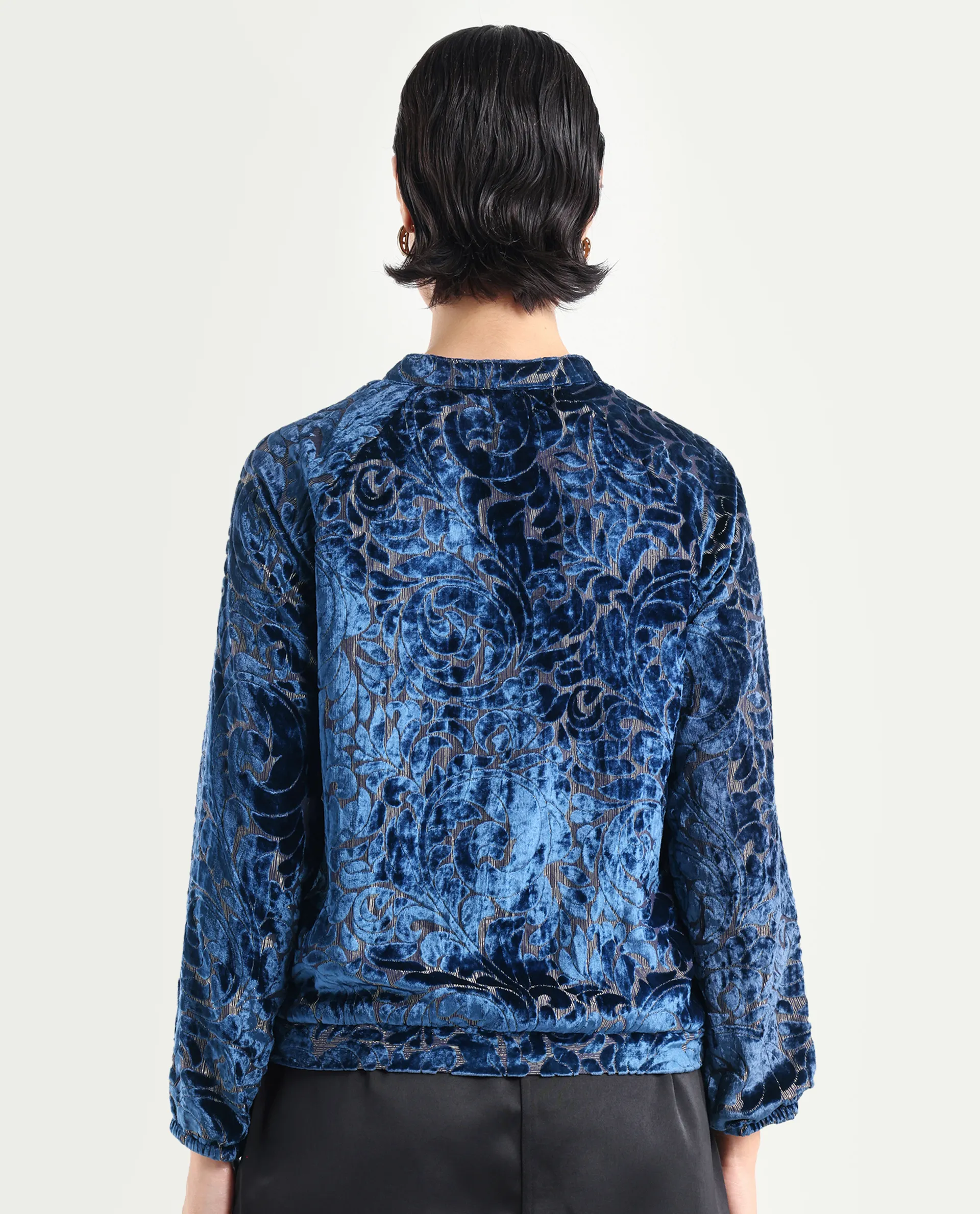 Rareism Women's Lopper Purple Velvet Mandarin Collar Abstract Print Raglan Sleeve Regular Fit Jacket - Image 7