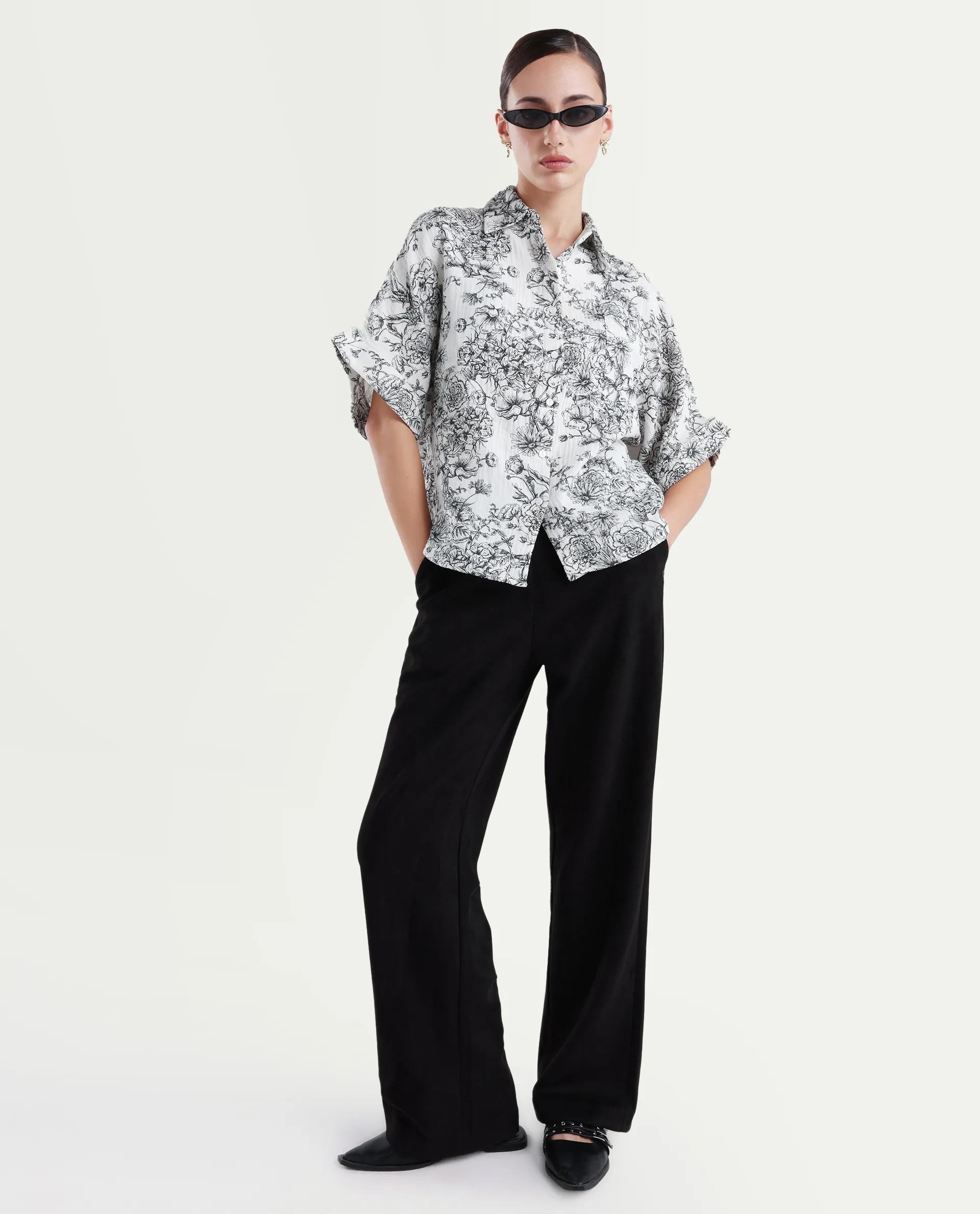 Rareism Women's Loraine Off White Cotton Drop Collar Floral Print Extended Sleeves Regular Fit Top - Image 2