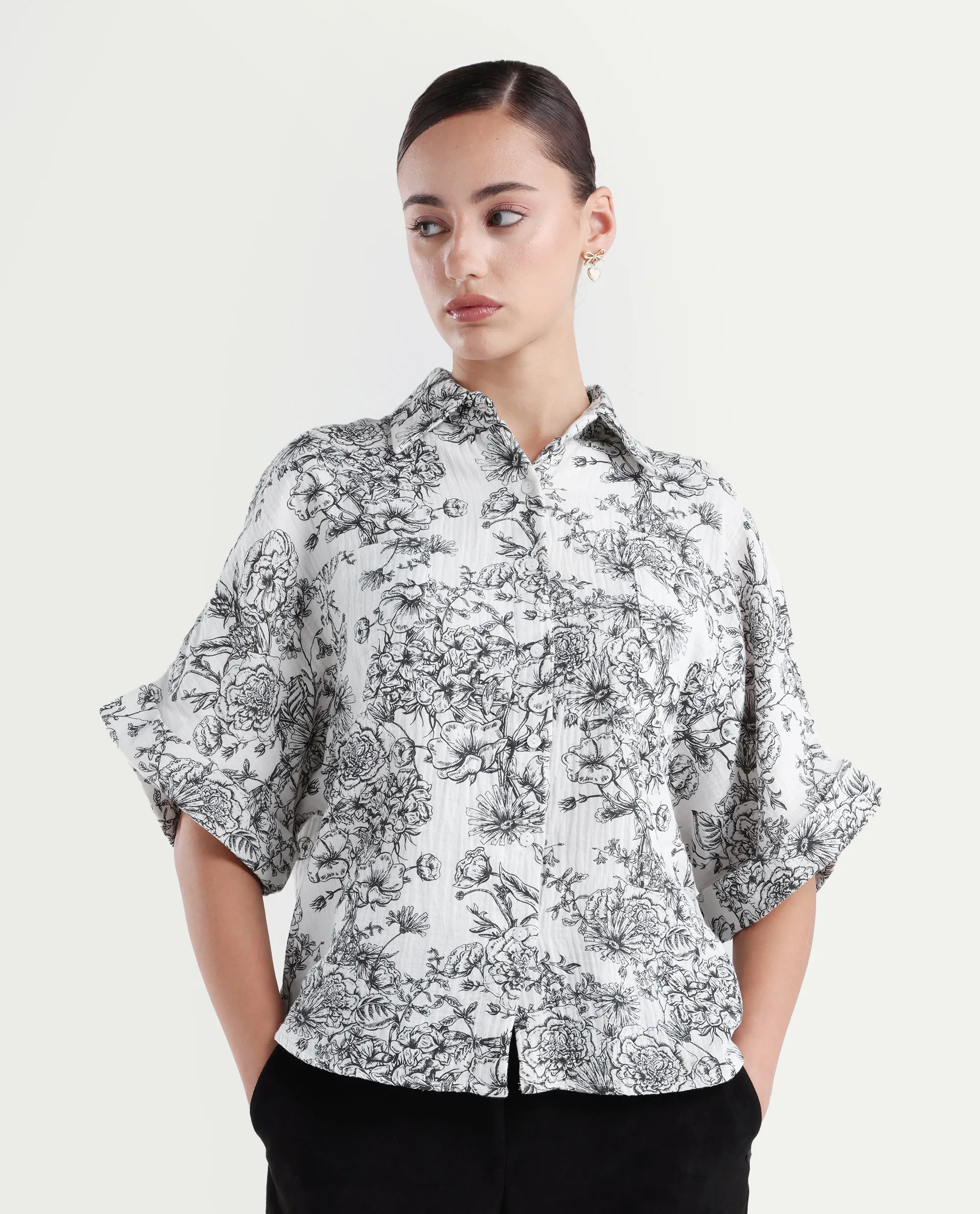 Rareism Women's Loraine Off White Cotton Drop Collar Floral Print Extended Sleeves Regular Fit Top - Image 3