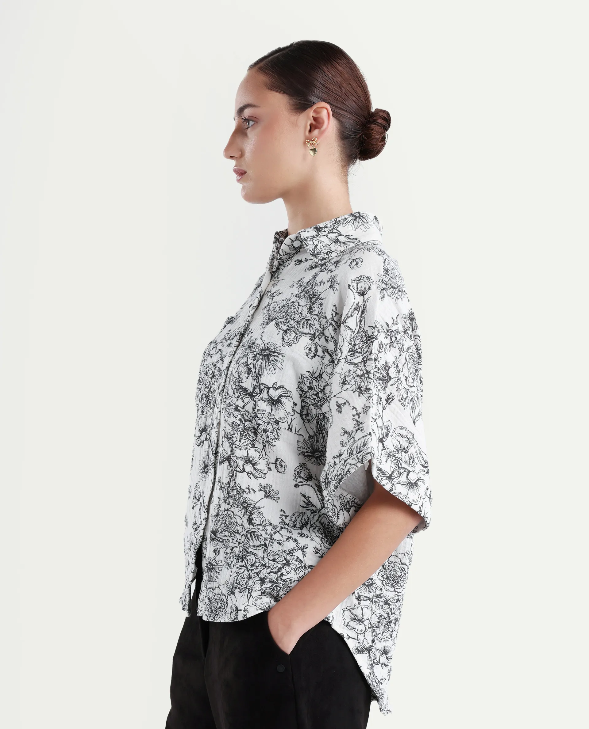 Rareism Women's Loraine Off White Cotton Drop Collar Floral Print Extended Sleeves Regular Fit Top - Image 5