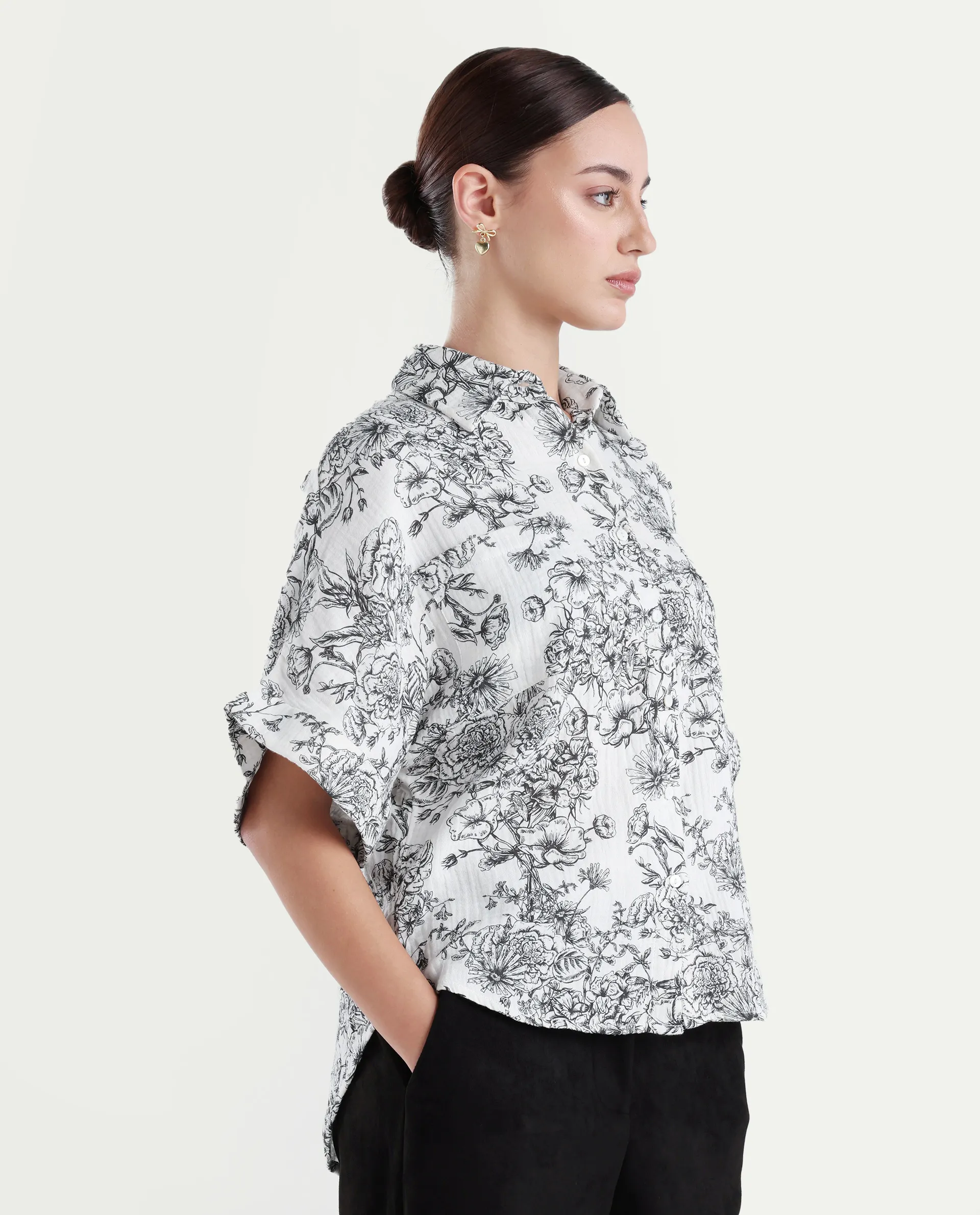 Rareism Women's Loraine Off White Cotton Drop Collar Floral Print Extended Sleeves Regular Fit Top - Image 6