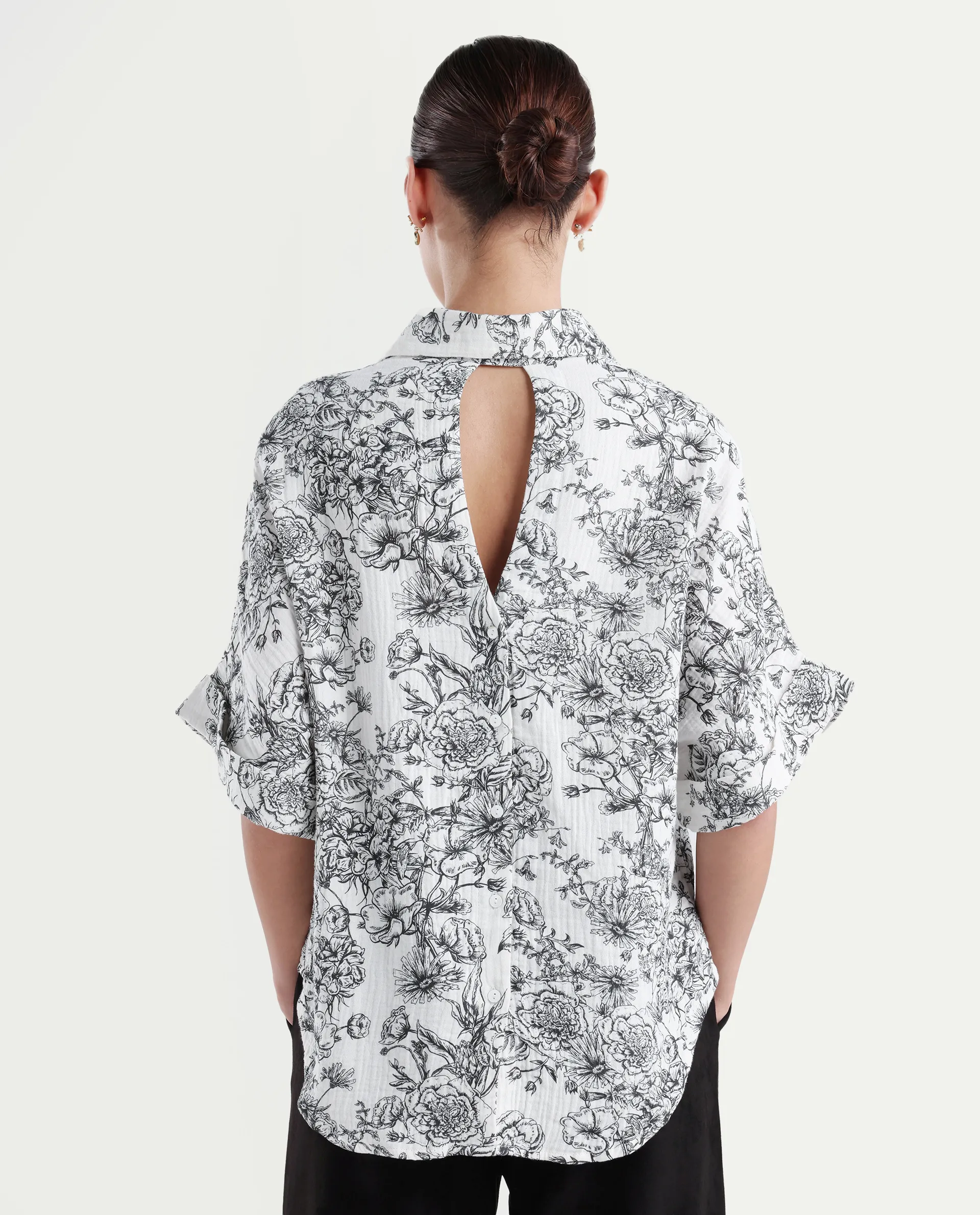 Rareism Women's Loraine Off White Cotton Drop Collar Floral Print Extended Sleeves Regular Fit Top - Image 7