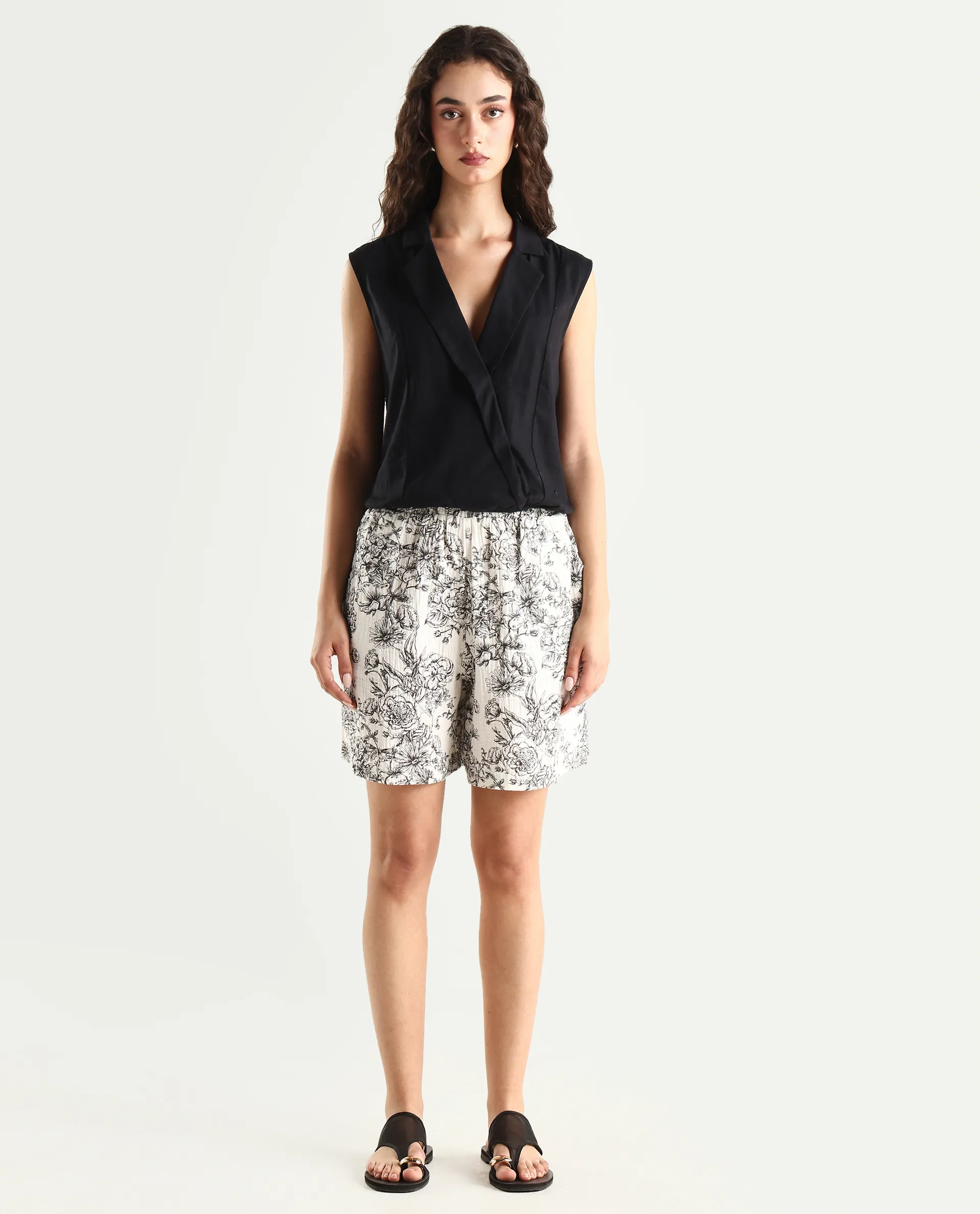 Rareism Women's Lorainet Off White Cotton Floral Print Mini Relaxed Fit Shorts - Image 3