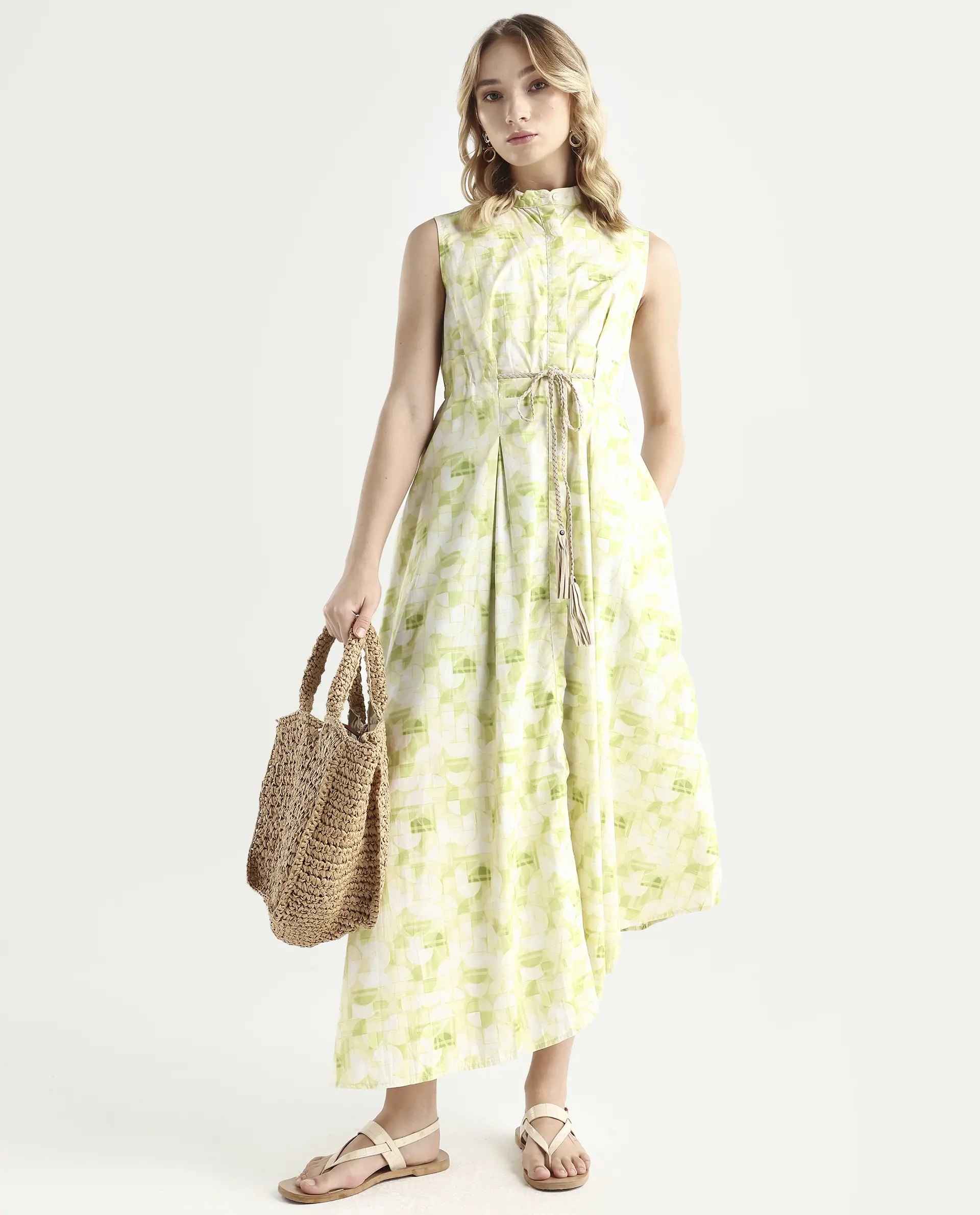 Rareism Women's Loralai Green Cotton Crew Neck Geometric Print Sleeveless Maxi Flared Dress - Image 2