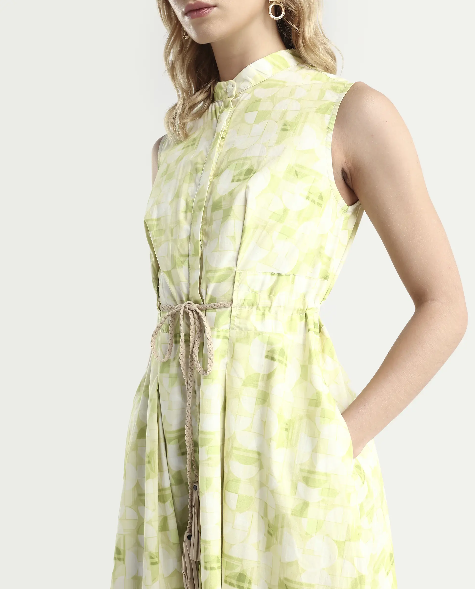 Rareism Women's Loralai Green Cotton Crew Neck Geometric Print Sleeveless Maxi Flared Dress - Image 3