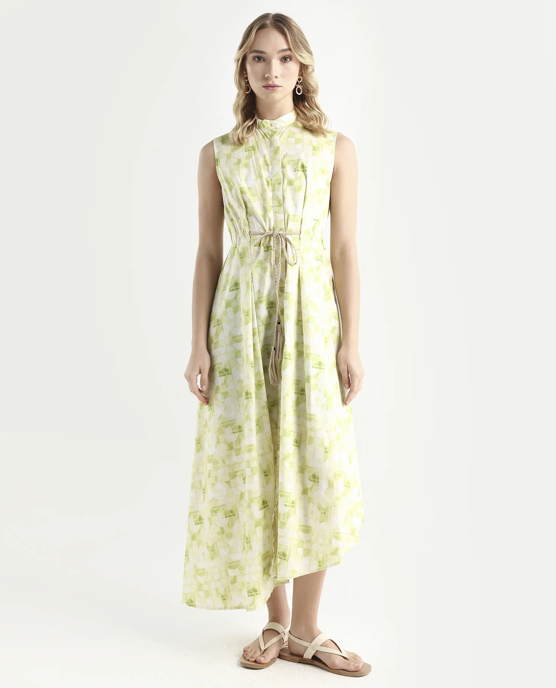 Rareism Women's Loralai Green Cotton Crew Neck Geometric Print Sleeveless Maxi Flared Dress - Image 4