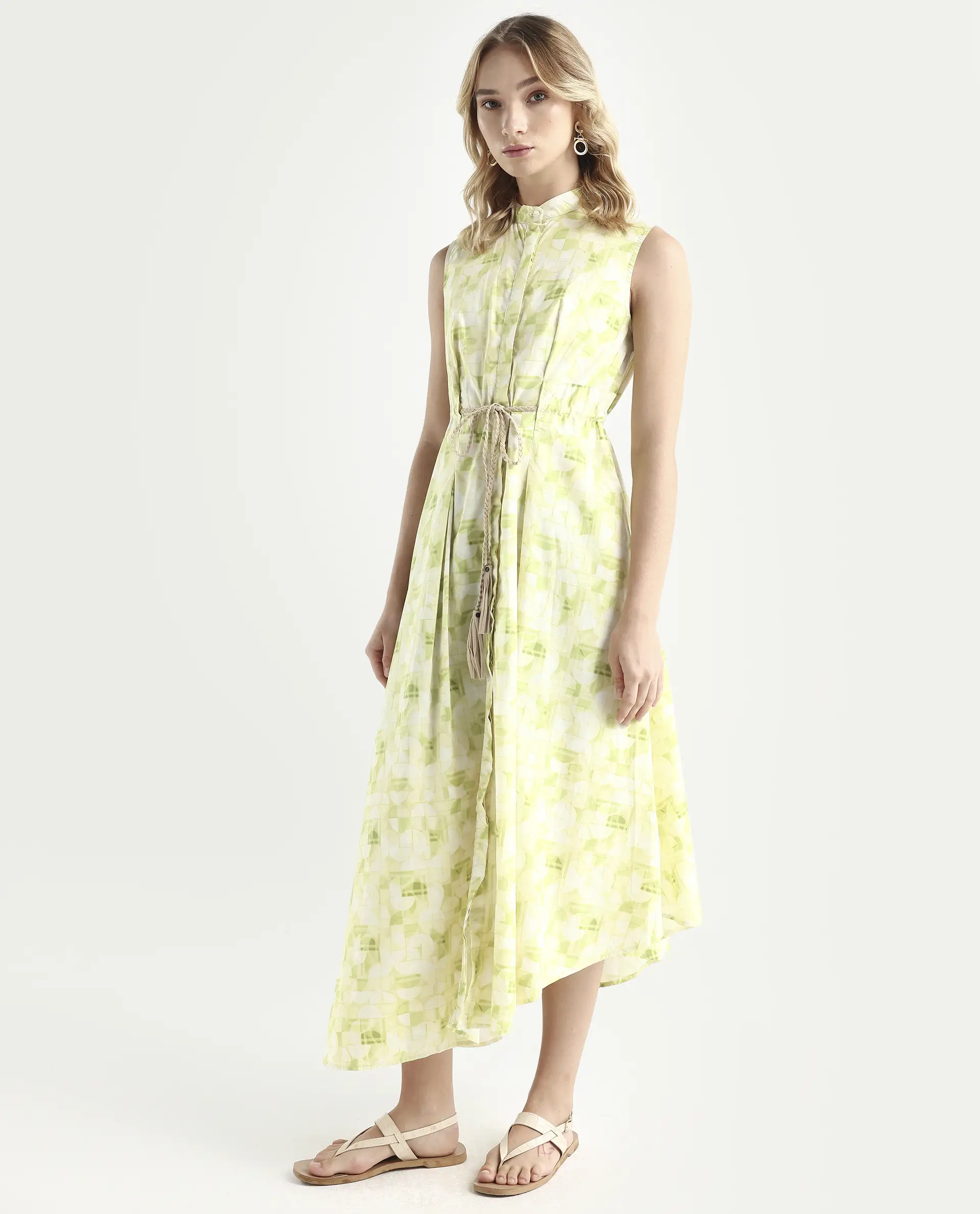 Rareism Women's Loralai Green Cotton Crew Neck Geometric Print Sleeveless Maxi Flared Dress - Image 5