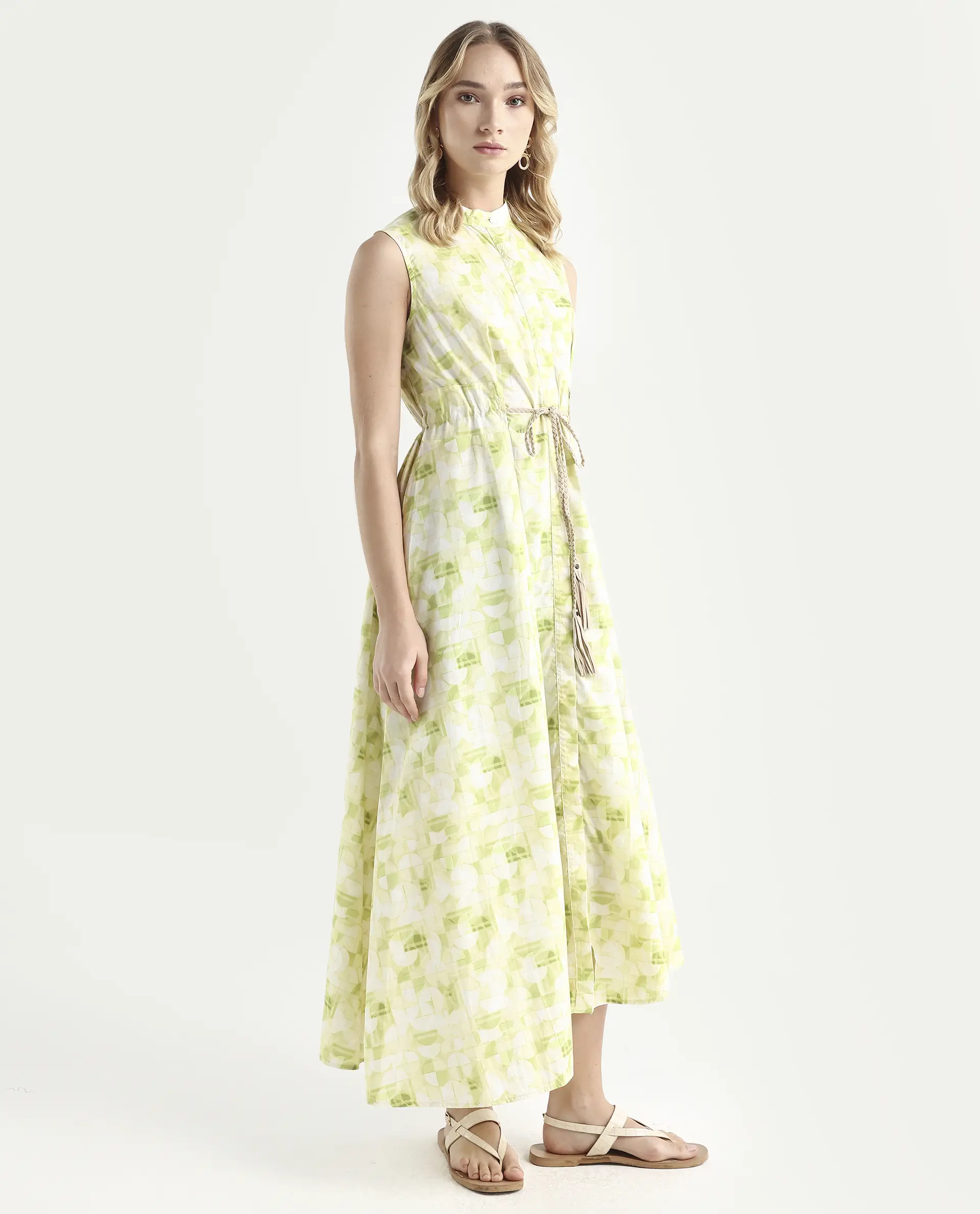 Rareism Women's Loralai Green Cotton Crew Neck Geometric Print Sleeveless Maxi Flared Dress - Image 6