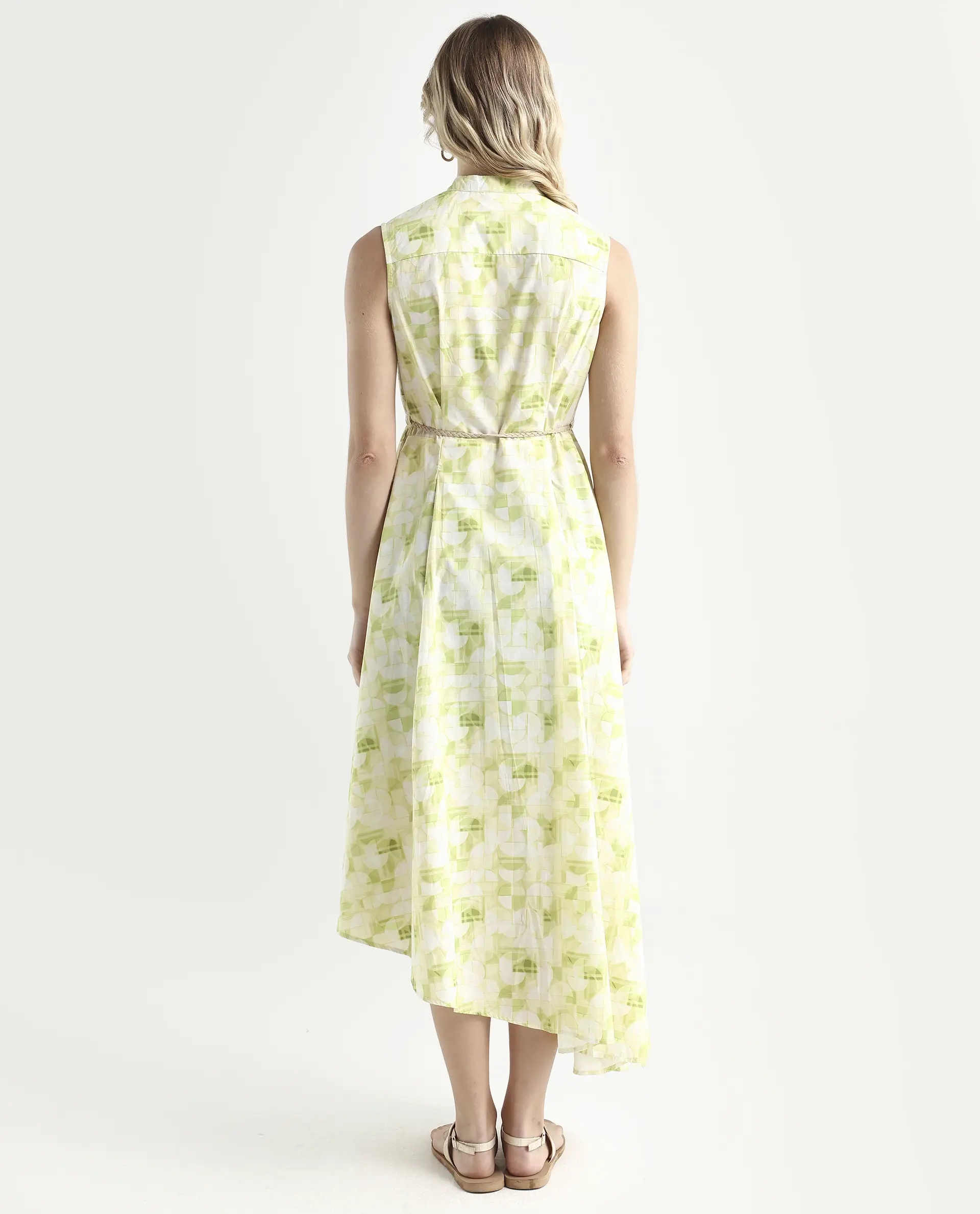 Rareism Women's Loralai Green Cotton Crew Neck Geometric Print Sleeveless Maxi Flared Dress - Image 7