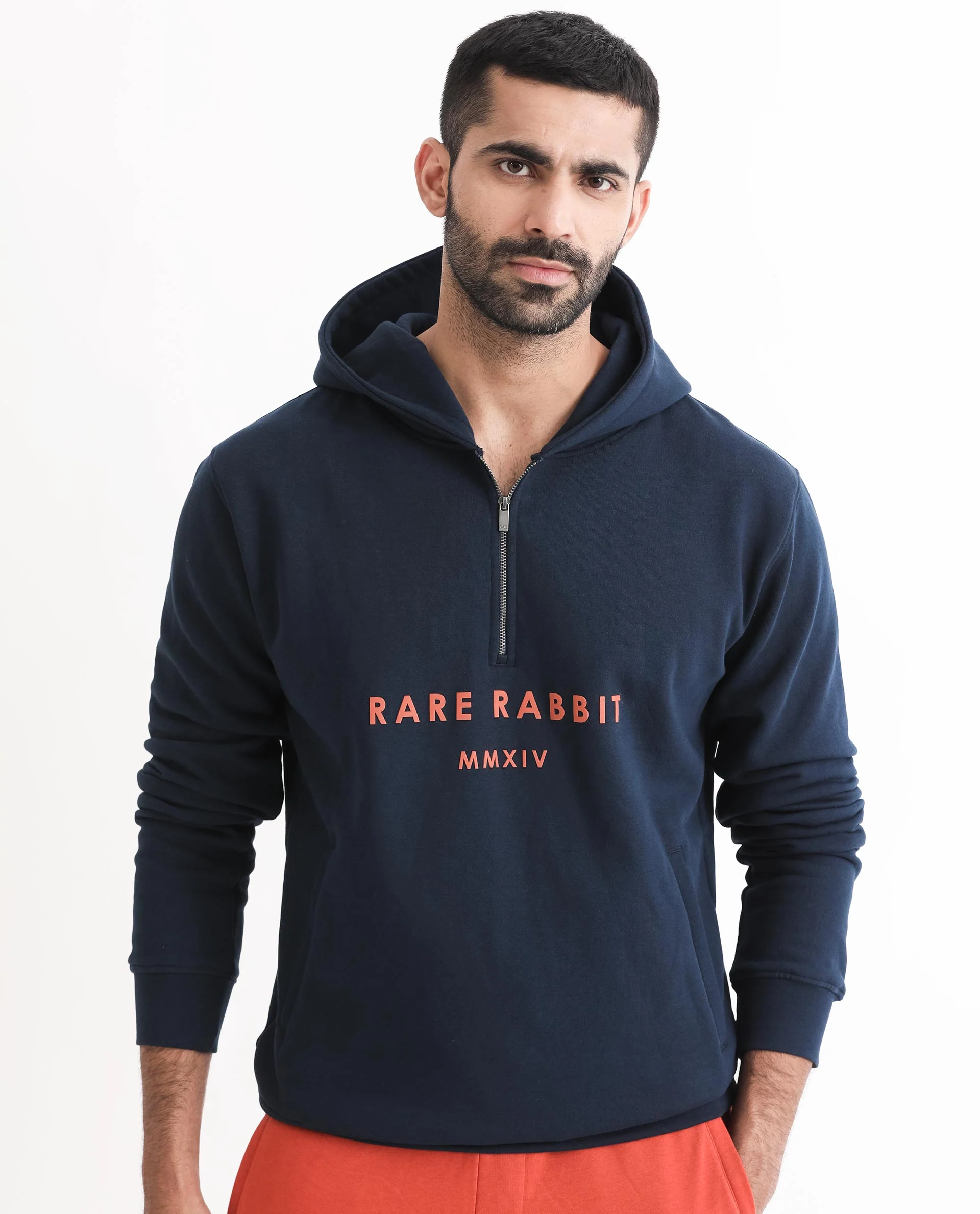 Rare Rabbit Men's Lorall Navy Cotton Graphic Print Regular Fit Full Sleeve Hooded Sweatshirt