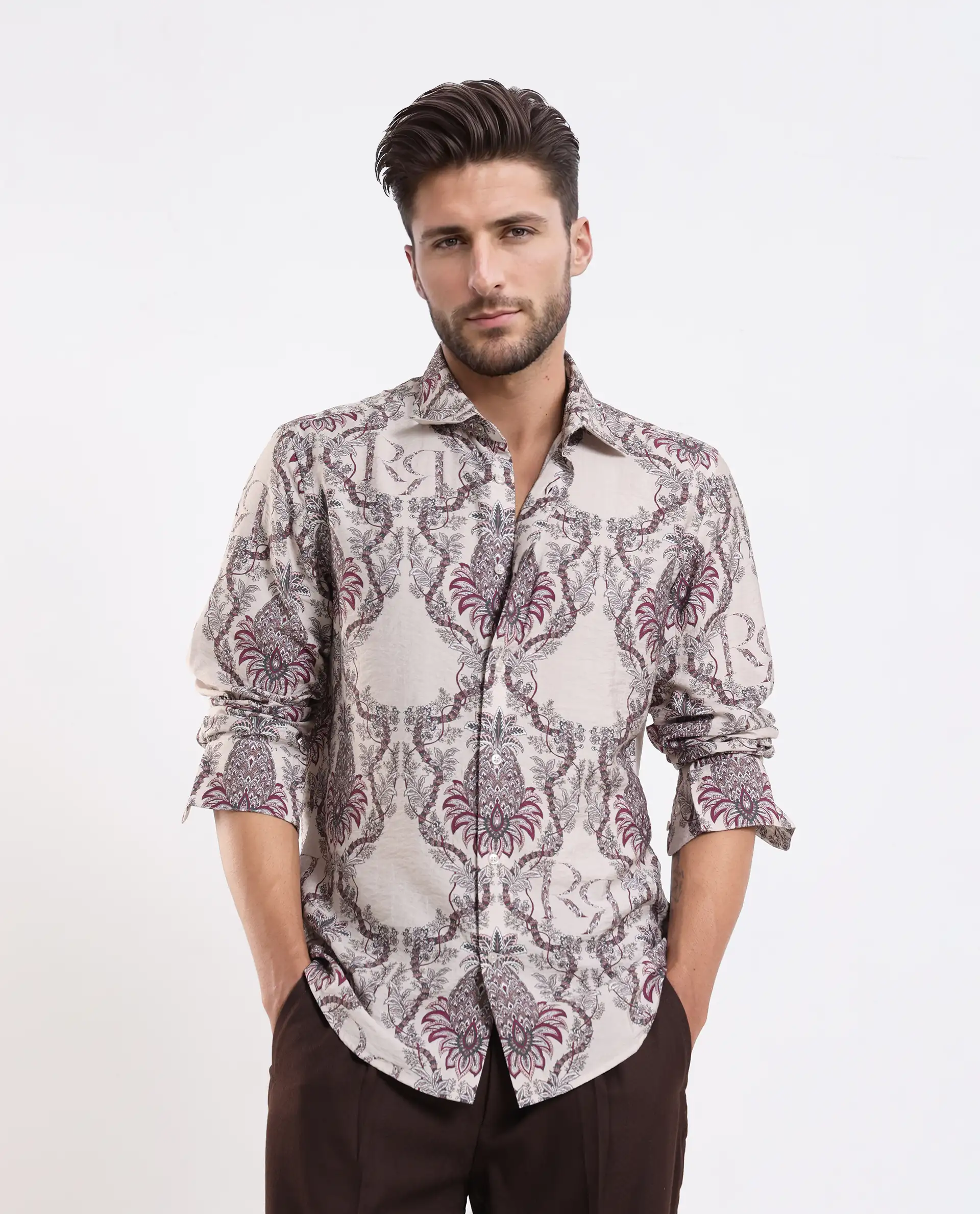 Rare Rabbit Men's Lorat Dusky Peach Viscose Blend Digital Print Regular Fit Full Sleeve Collared Shirt
