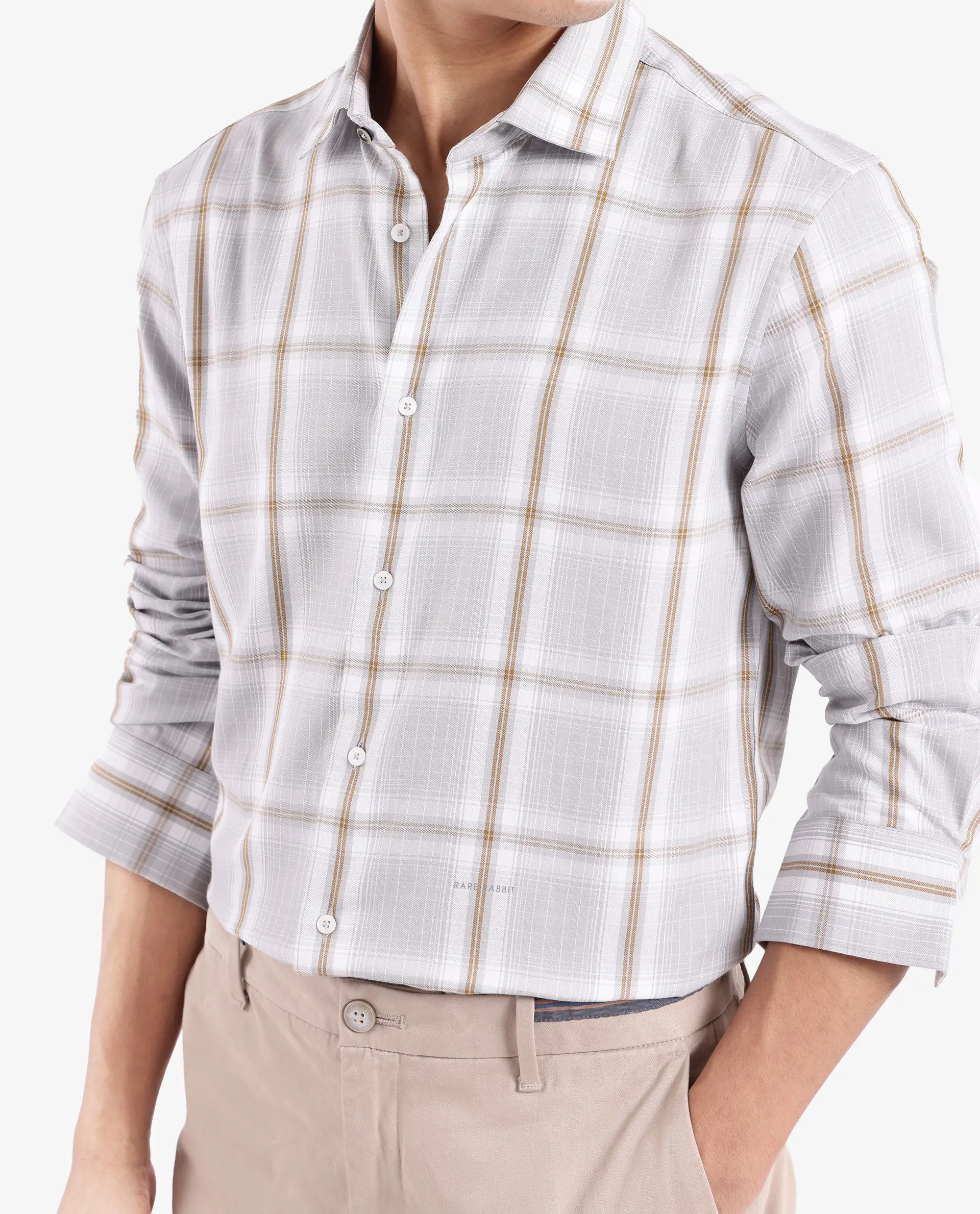 Rare Rabbit Men's Lorde Light Grey Cotton Checked Print Regular Fit Full Sleeve Collared Shirt - Image 3