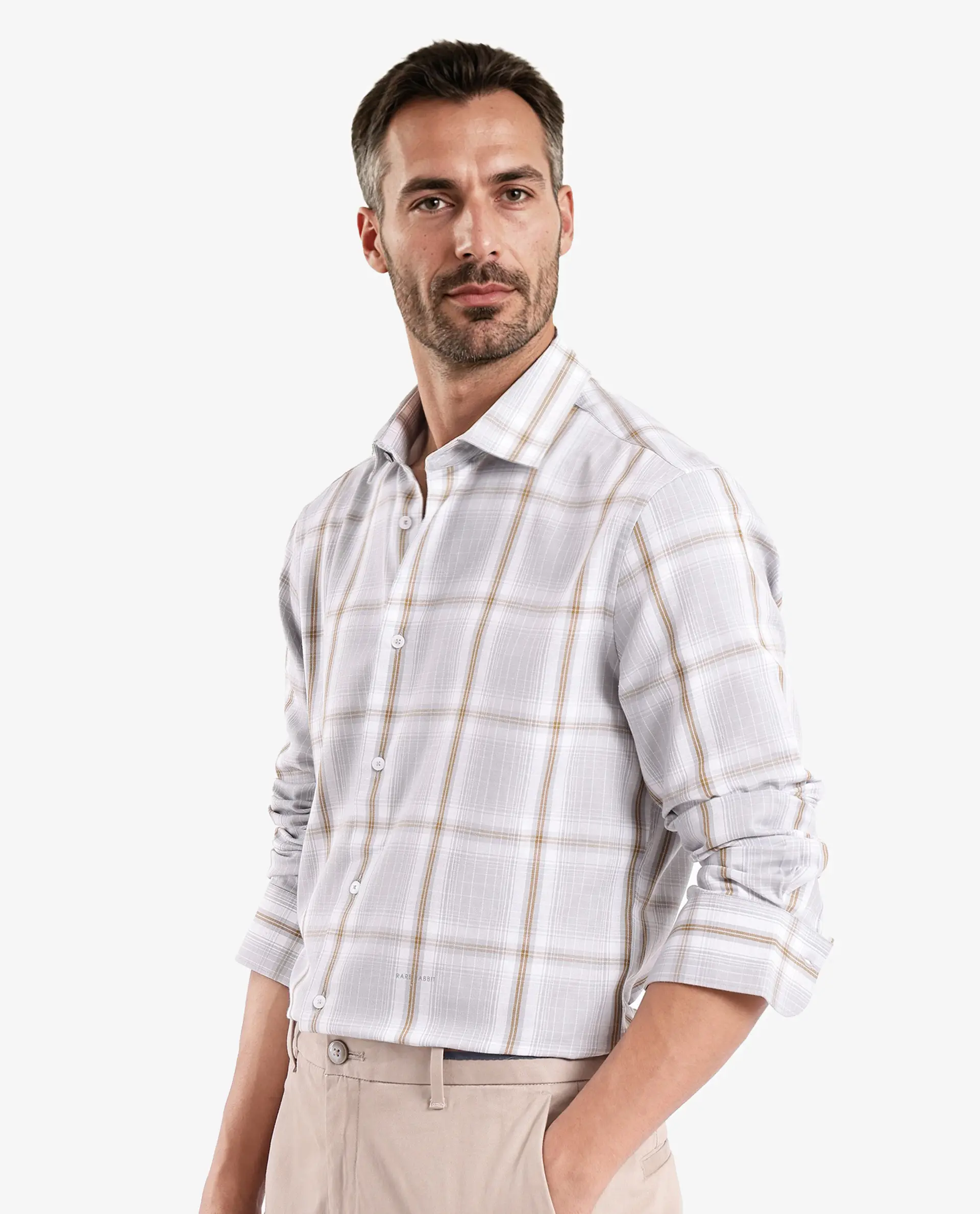 Rare Rabbit Men's Lorde Light Grey Cotton Checked Print Regular Fit Full Sleeve Collared Shirt - Image 7