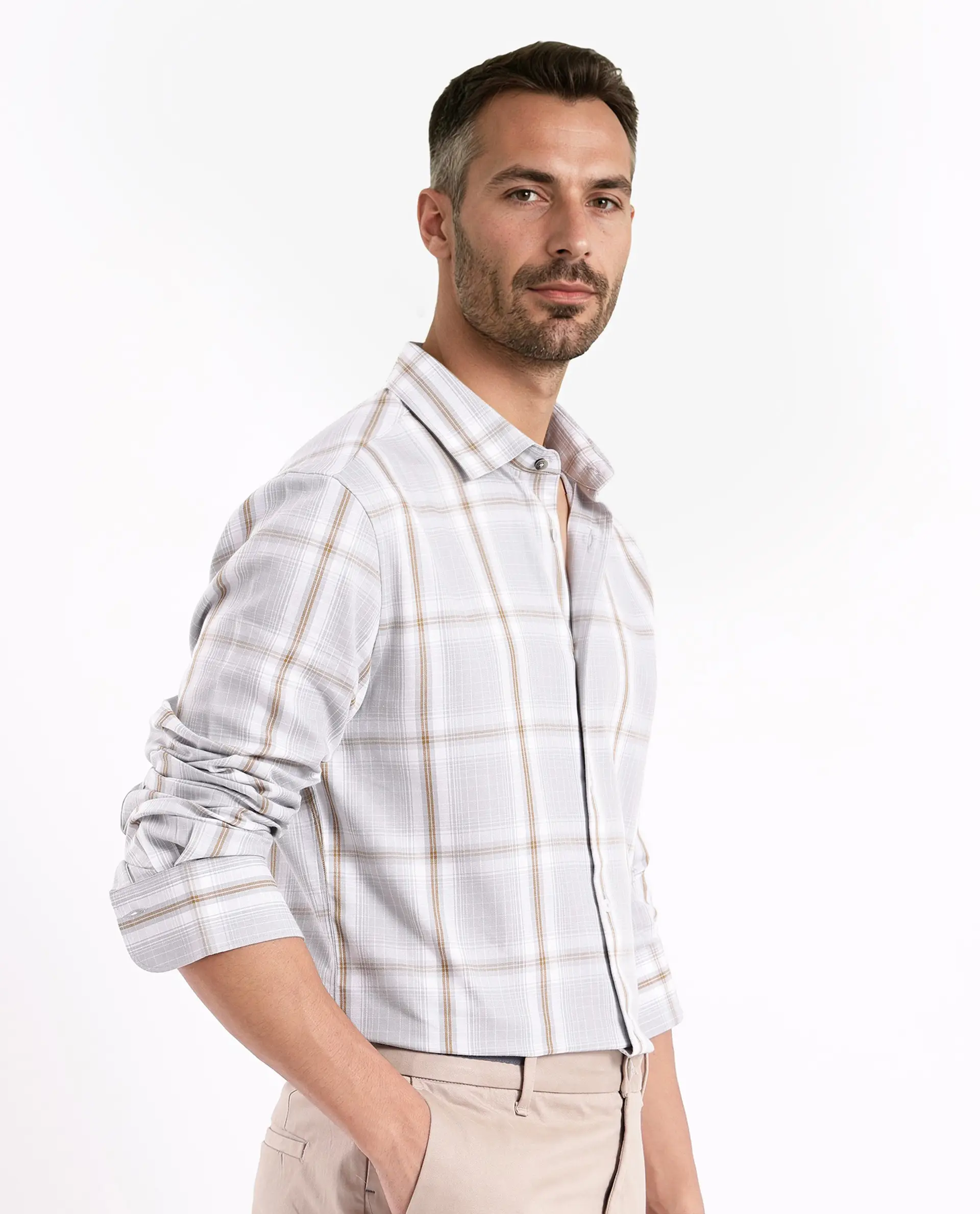 Rare Rabbit Men's Lorde Light Grey Cotton Checked Print Regular Fit Full Sleeve Collared Shirt - Image 8