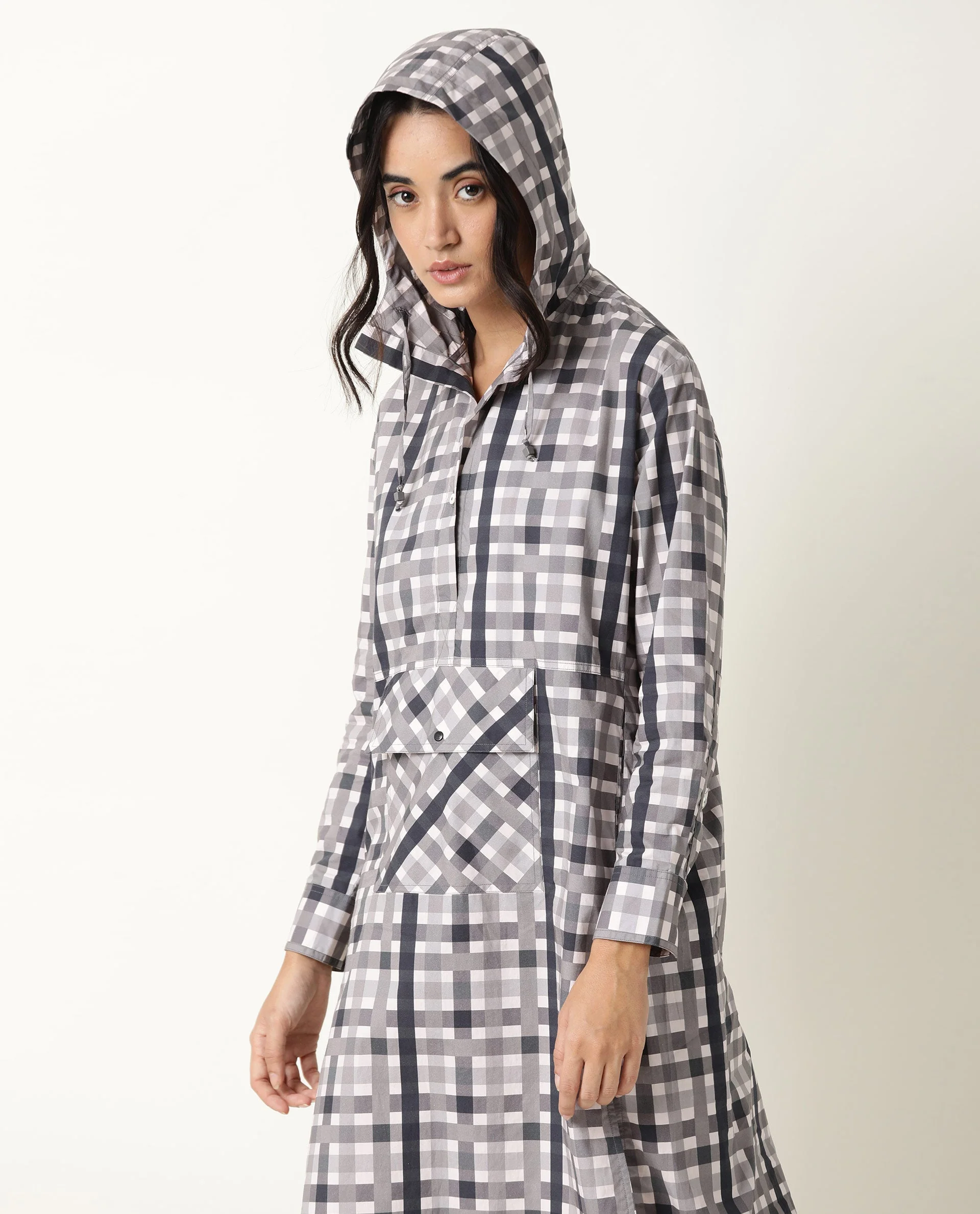 Rareism Women's Loreal Grey Hooded Checked Knee Length Regular Fit Dress - Image 2