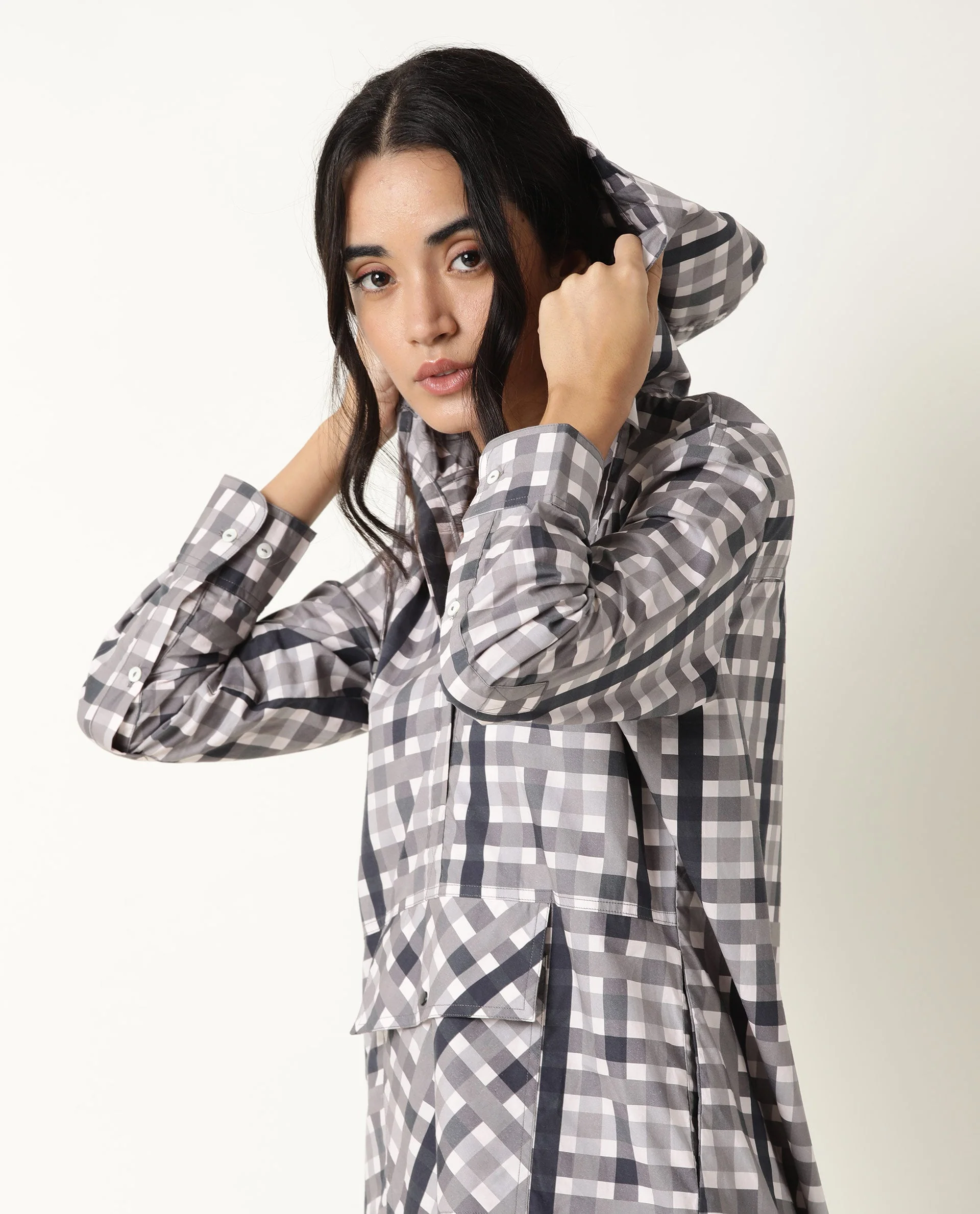 Rareism Women's Loreal Grey Hooded Checked Knee Length Regular Fit Dress - Image 3