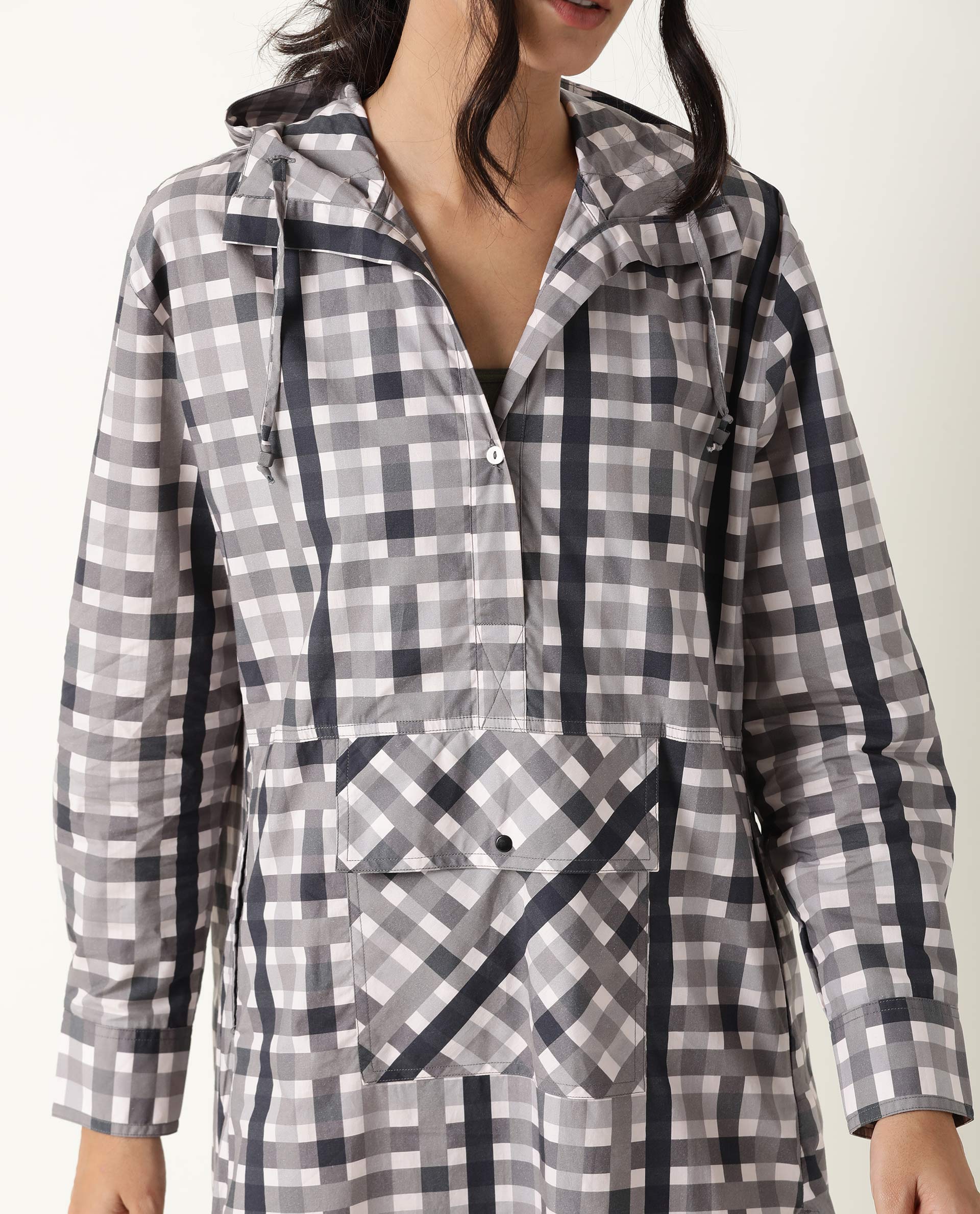 Rareism Women's Loreal Grey Hooded Checked Knee Length Regular Fit Dress - Image 4