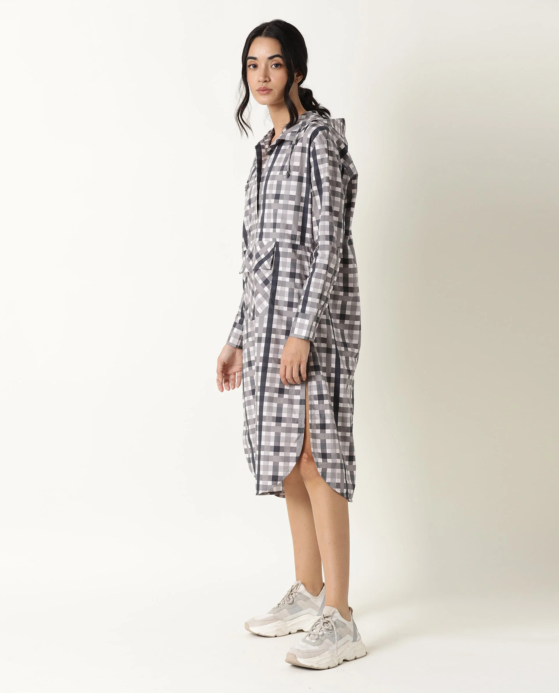 Rareism Women's Loreal Grey Hooded Checked Knee Length Regular Fit Dress - Image 7