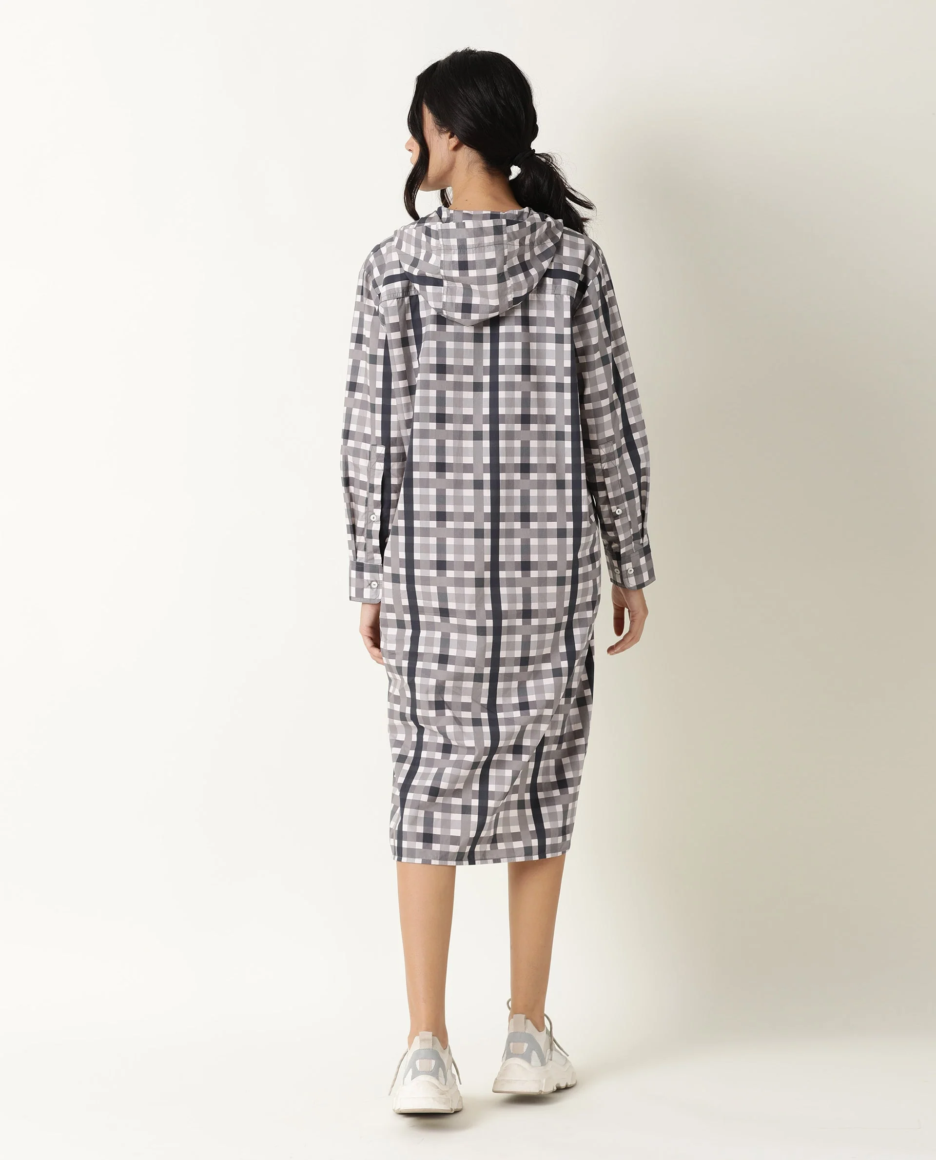 Rareism Women's Loreal Grey Hooded Checked Knee Length Regular Fit Dress - Image 8