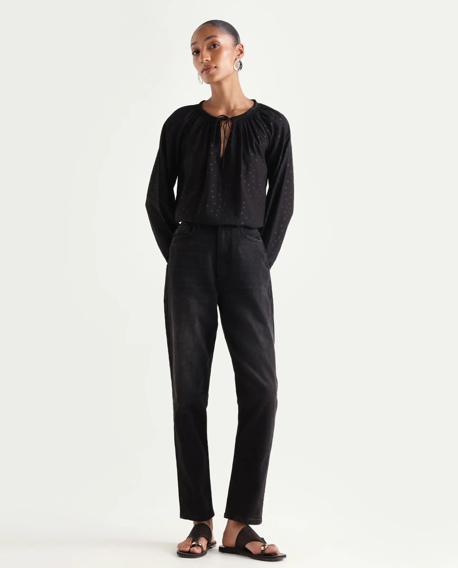 Rareism Women's Loreto Black Cotton Blend Plain Ankle Length Mom Fit Jeans - Image 2