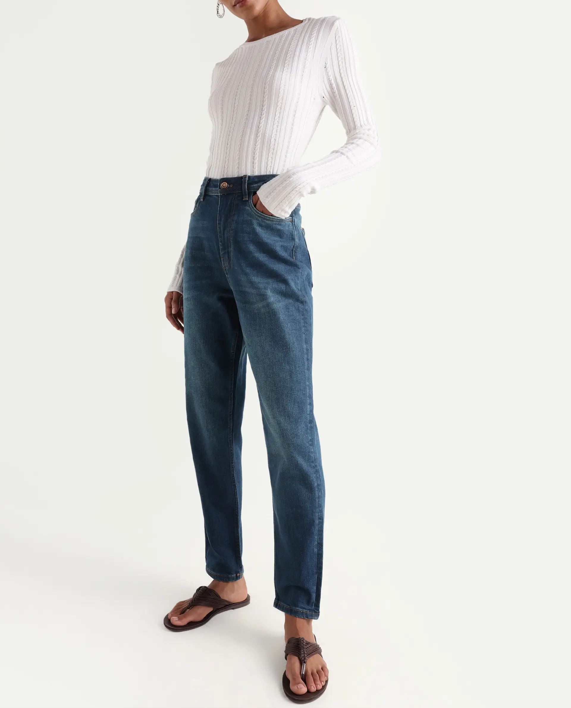 Rareism Women's Loreto Blue Cotton Blend Plain Ankle Length Mom Fit Jeans - Image 2