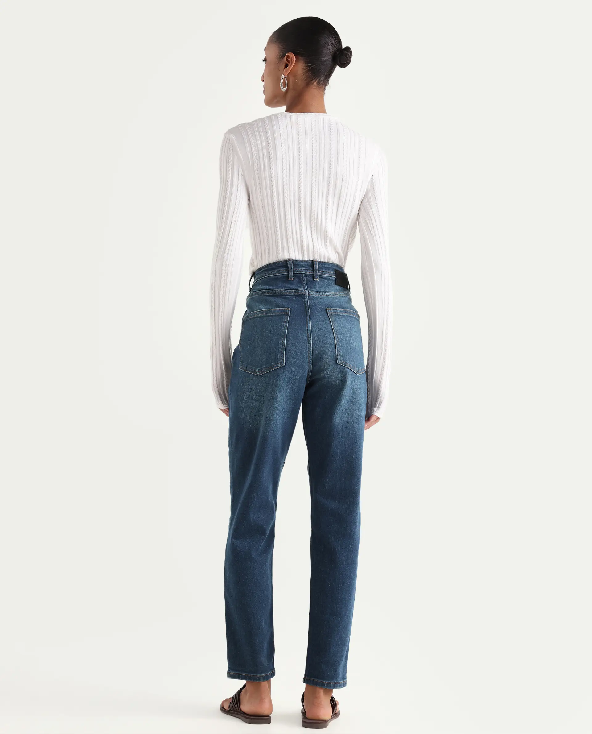 Rareism Women's Loreto Blue Cotton Blend Plain Ankle Length Mom Fit Jeans - Image 6