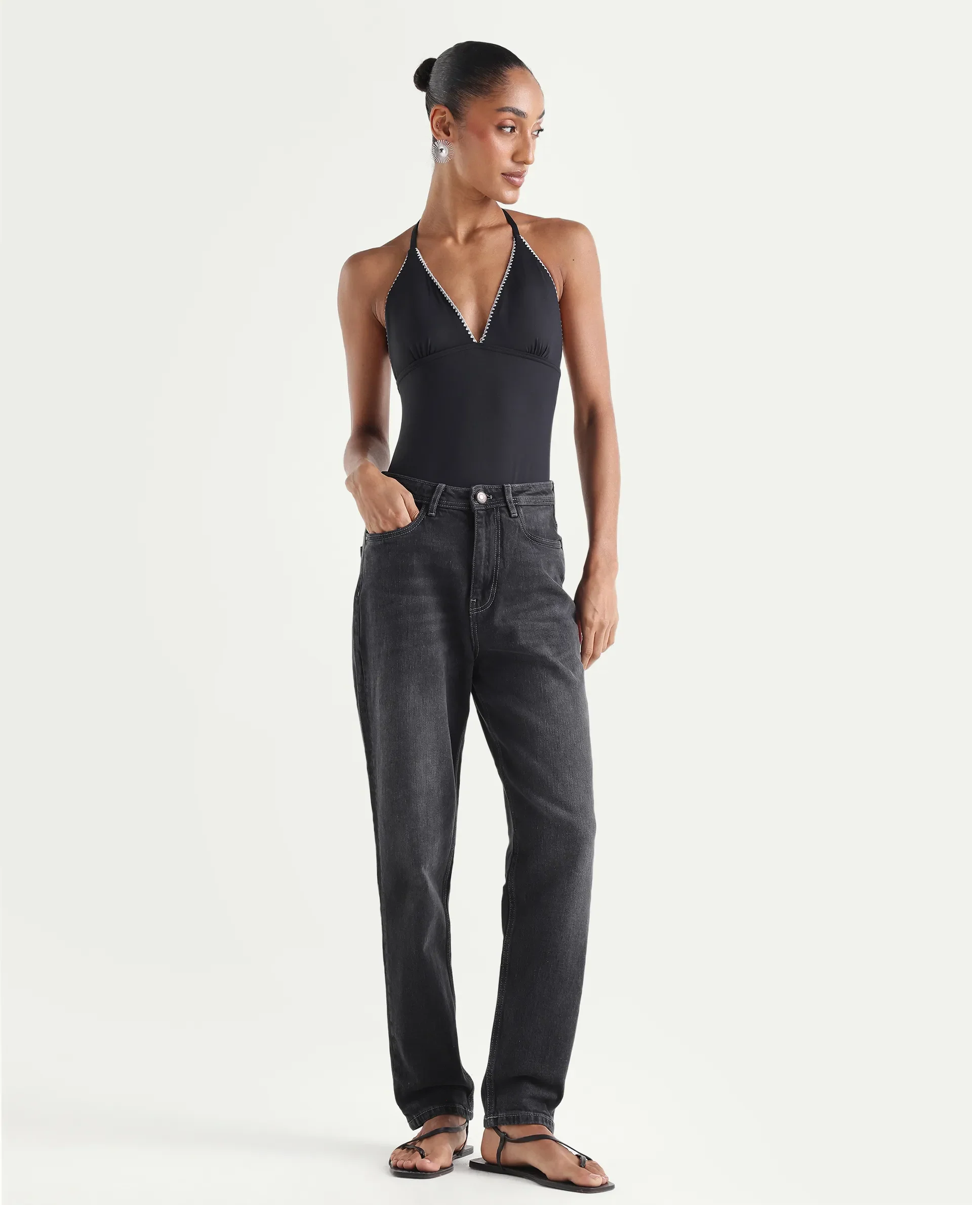 Rareism Women's Loreto Grey Cotton Blend Plain Ankle Length Mom Fit Jeans - Image 3
