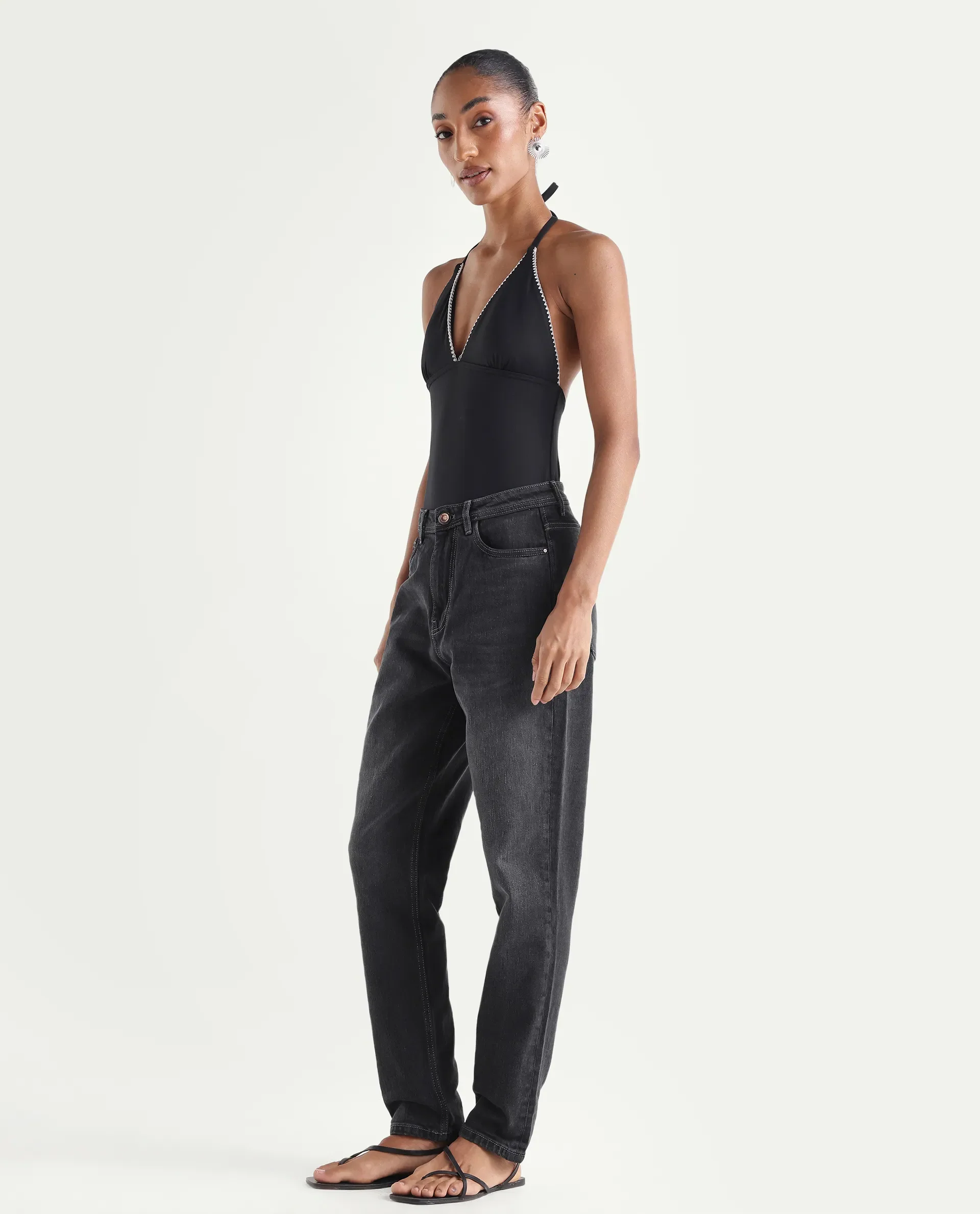 Rareism Women's Loreto Grey Cotton Blend Plain Ankle Length Mom Fit Jeans - Image 5