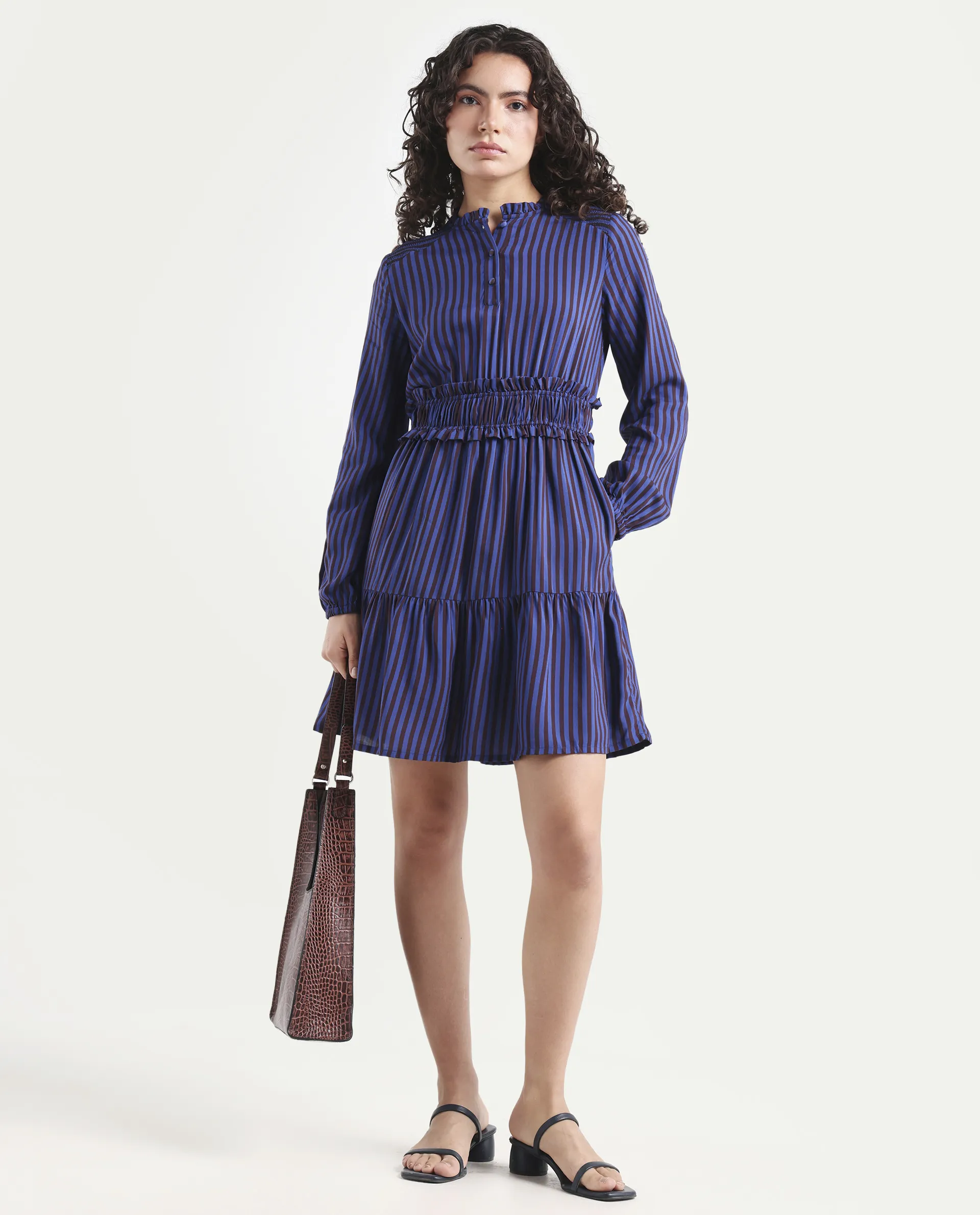 Rareism Women's Loretta Blue Viscose Mandarin Collar Striped Mini Regular Fit Dress - Image 2