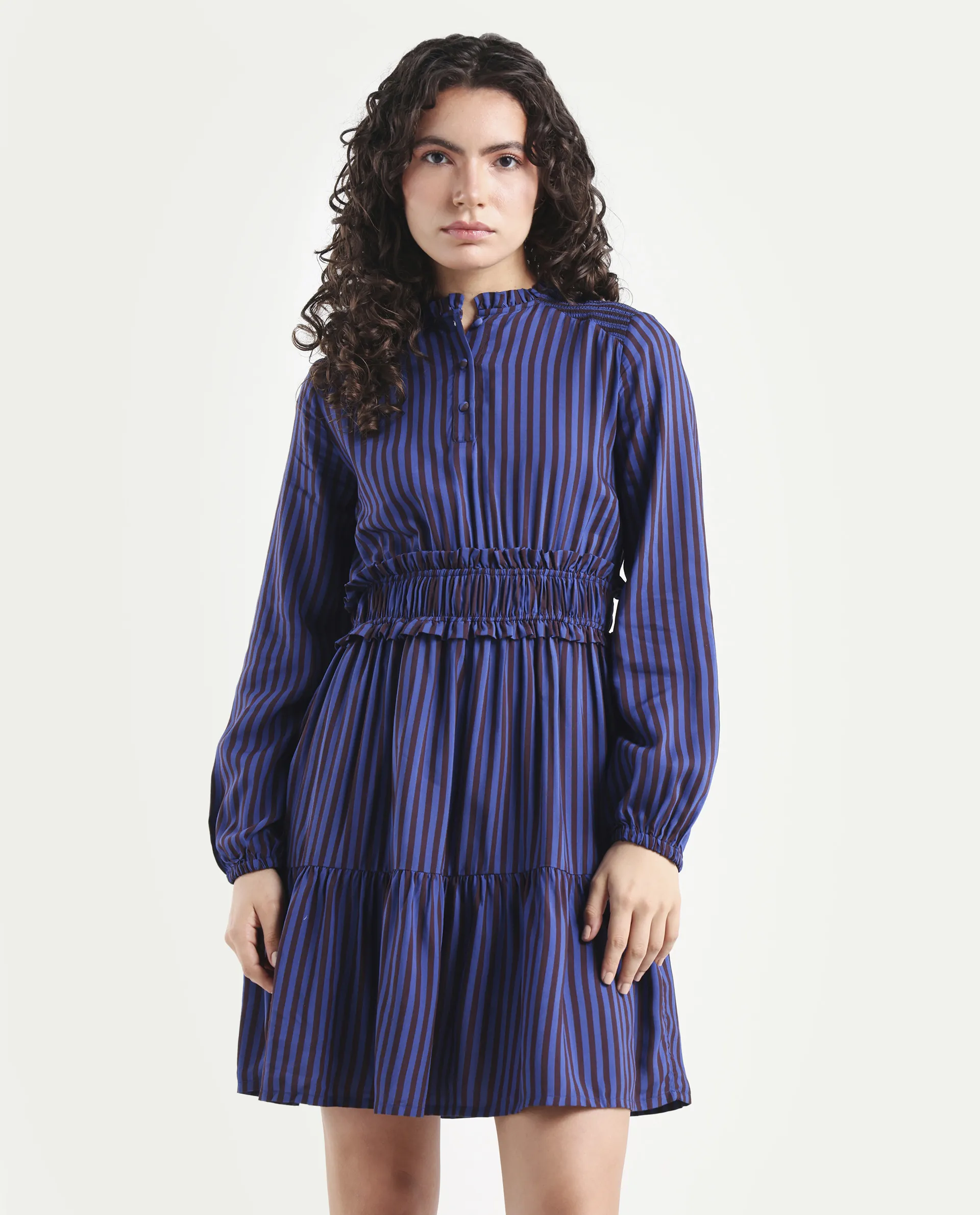 Rareism Women's Loretta Blue Viscose Mandarin Collar Striped Mini Regular Fit Dress - Image 3