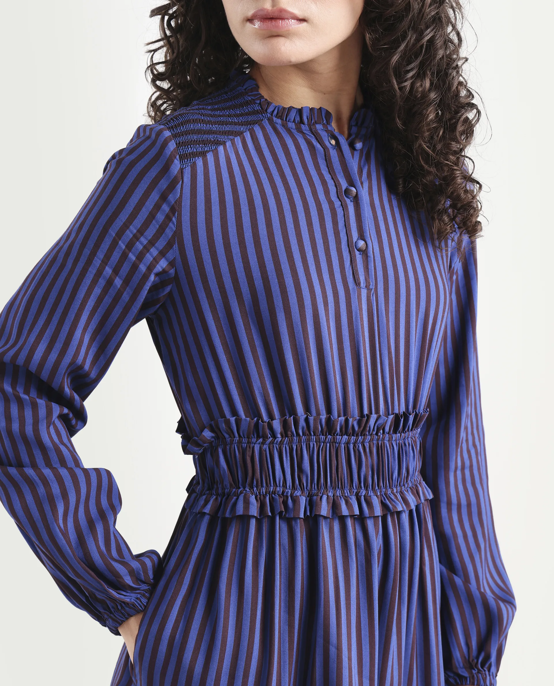 Rareism Women's Loretta Blue Viscose Mandarin Collar Striped Mini Regular Fit Dress - Image 4