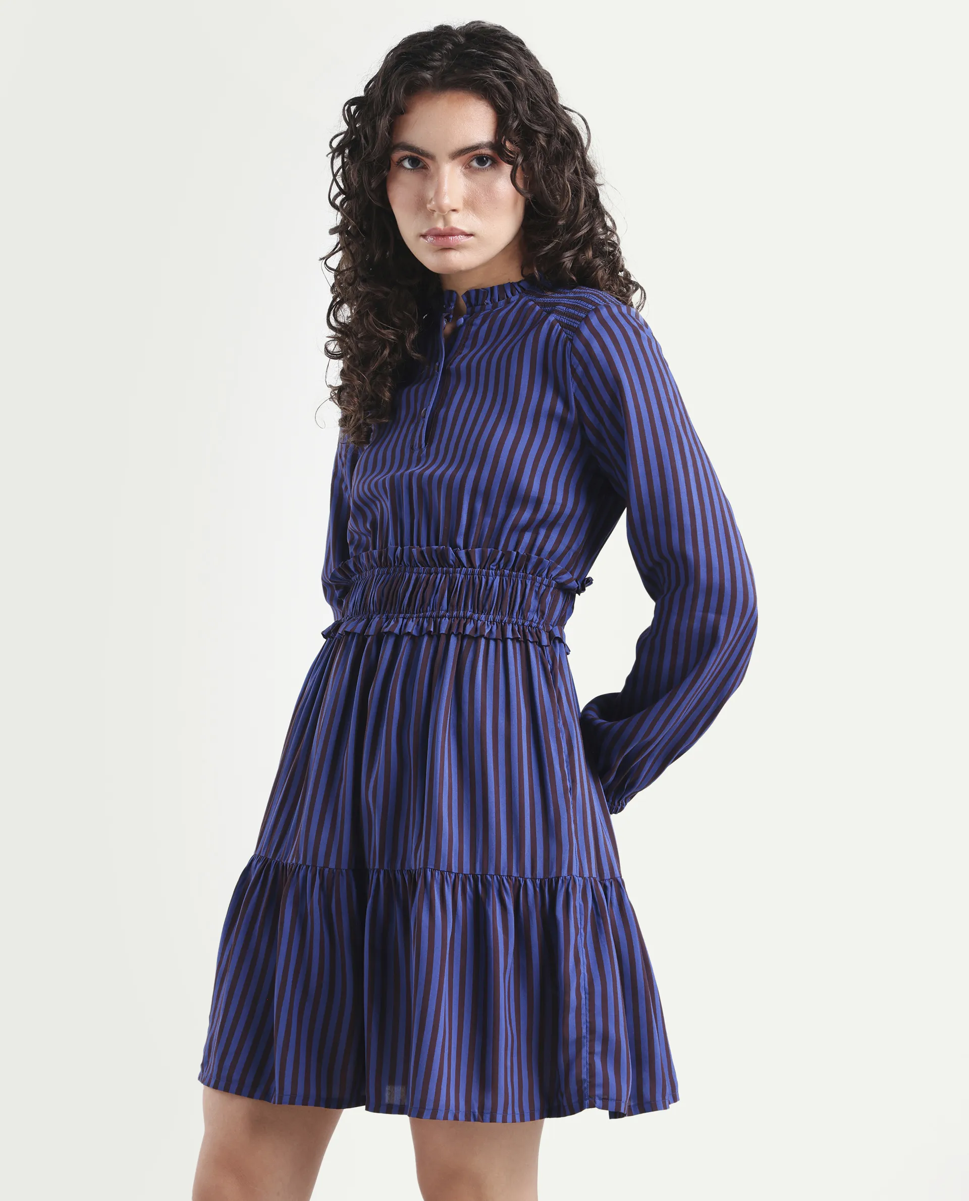 Rareism Women's Loretta Blue Viscose Mandarin Collar Striped Mini Regular Fit Dress - Image 5