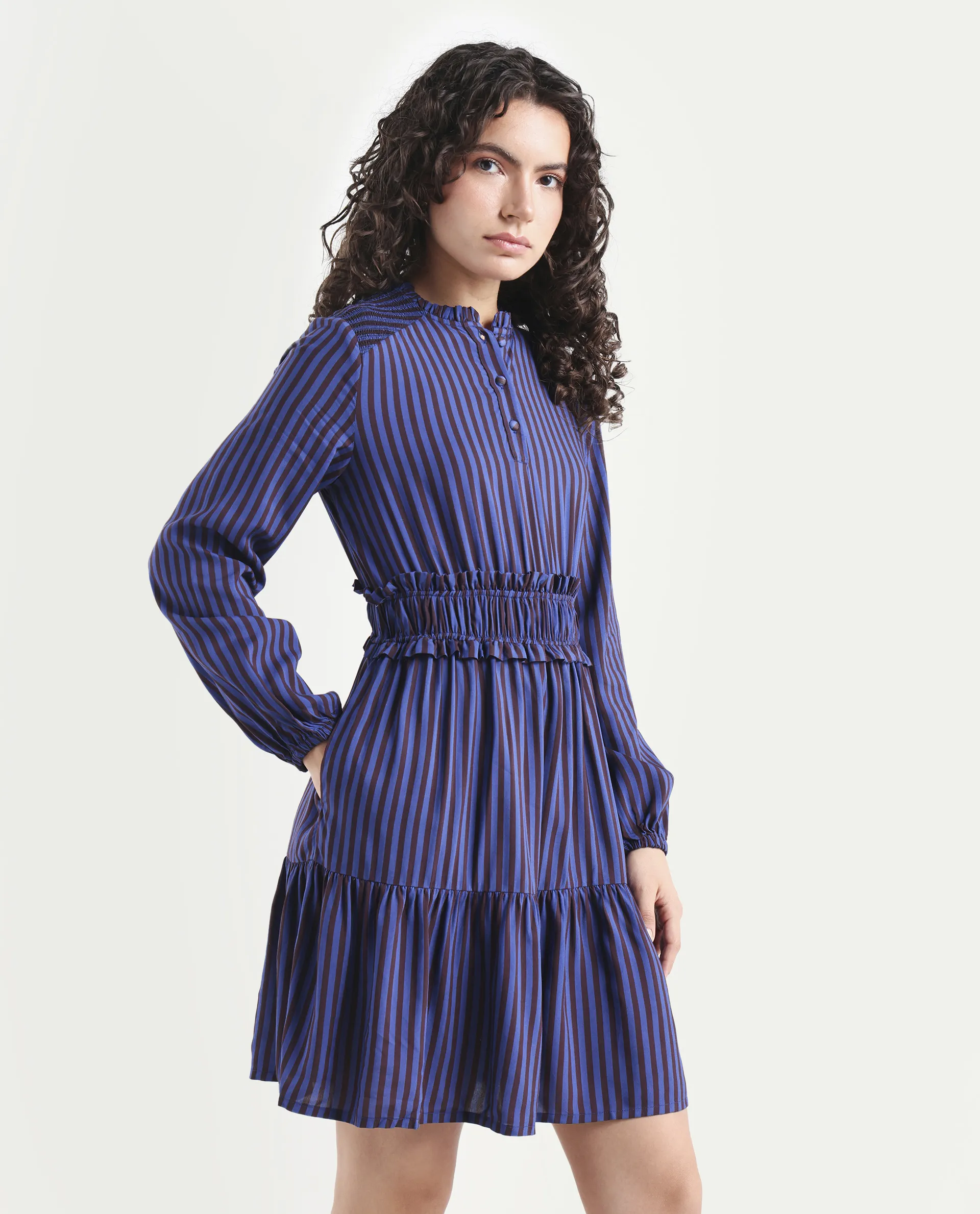 Rareism Women's Loretta Blue Viscose Mandarin Collar Striped Mini Regular Fit Dress - Image 6