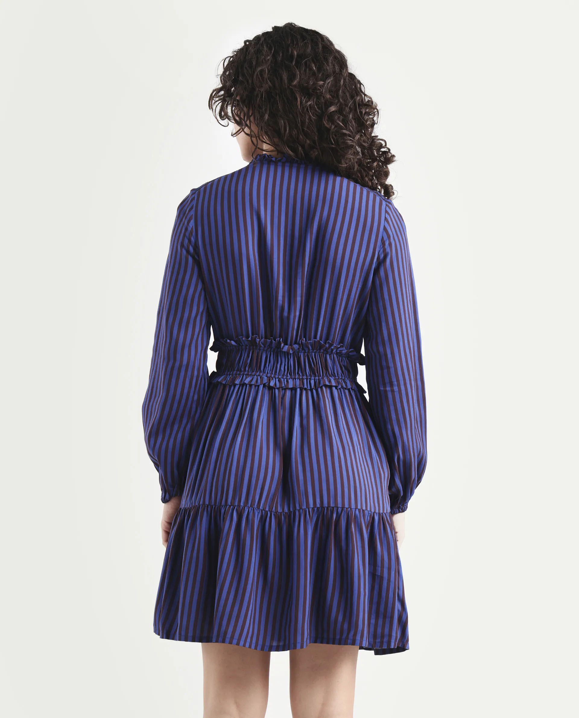 Rareism Women's Loretta Blue Viscose Mandarin Collar Striped Mini Regular Fit Dress - Image 7
